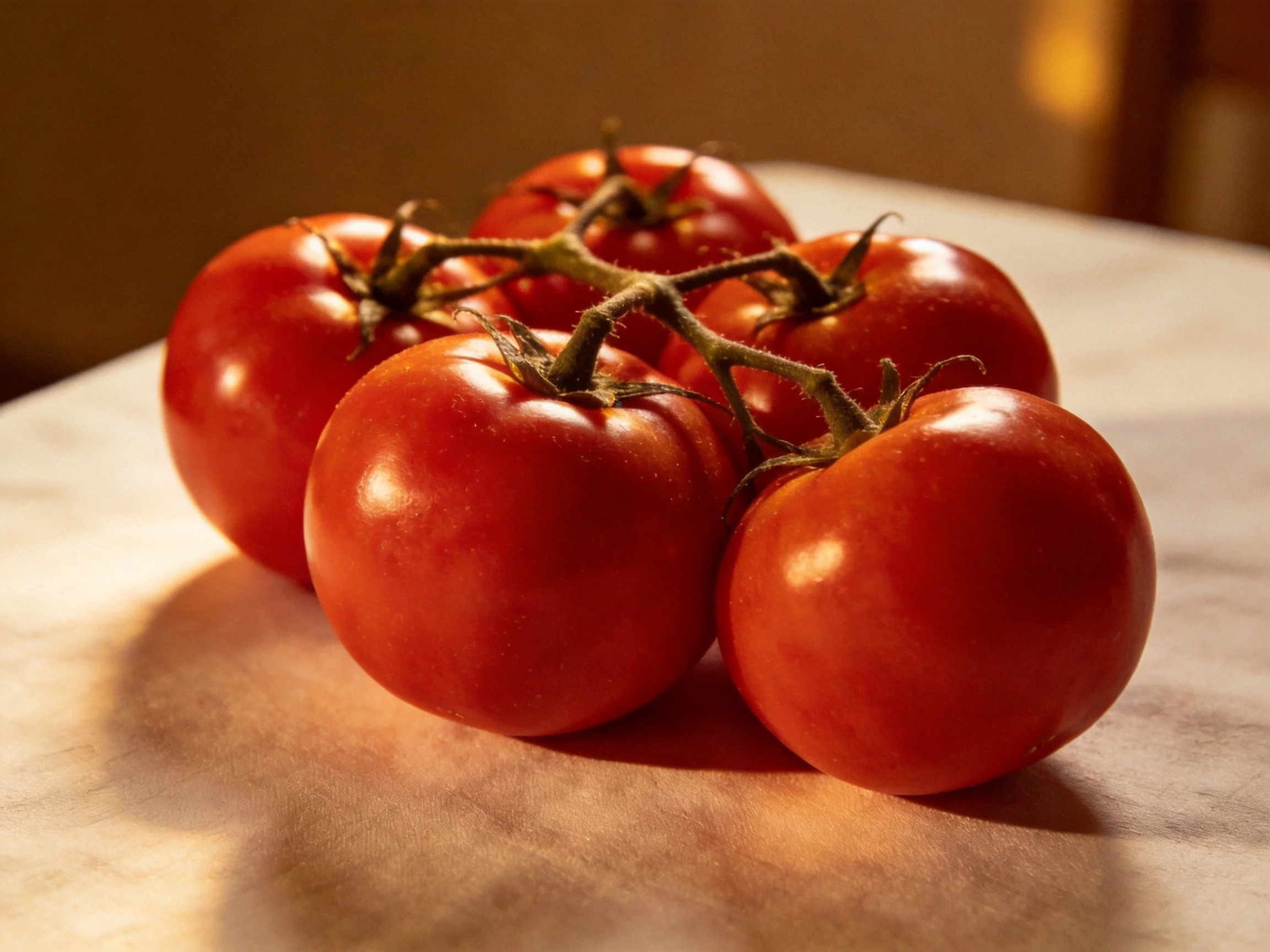 Five vibrant red tomatoes clustered on a smooth white surface