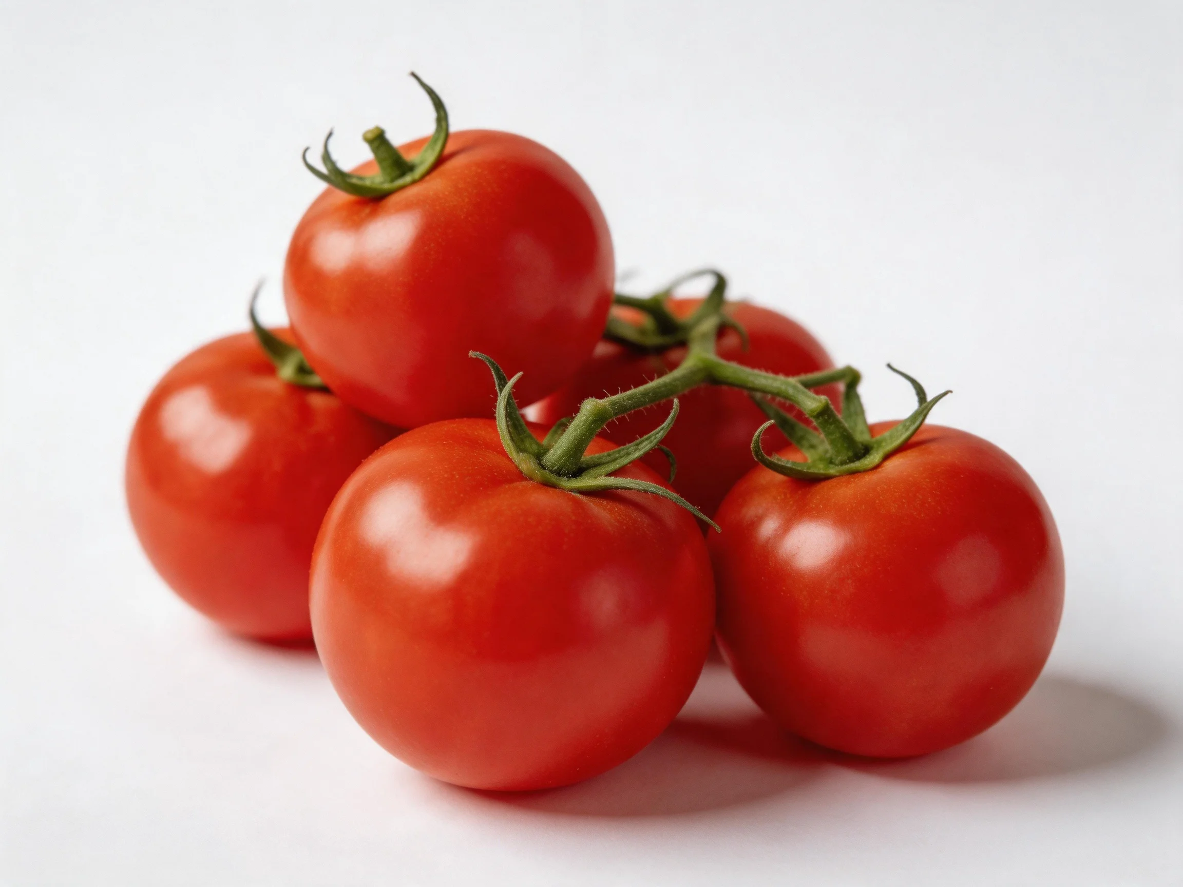 Five vibrant red tomatoes clustered together with green stems