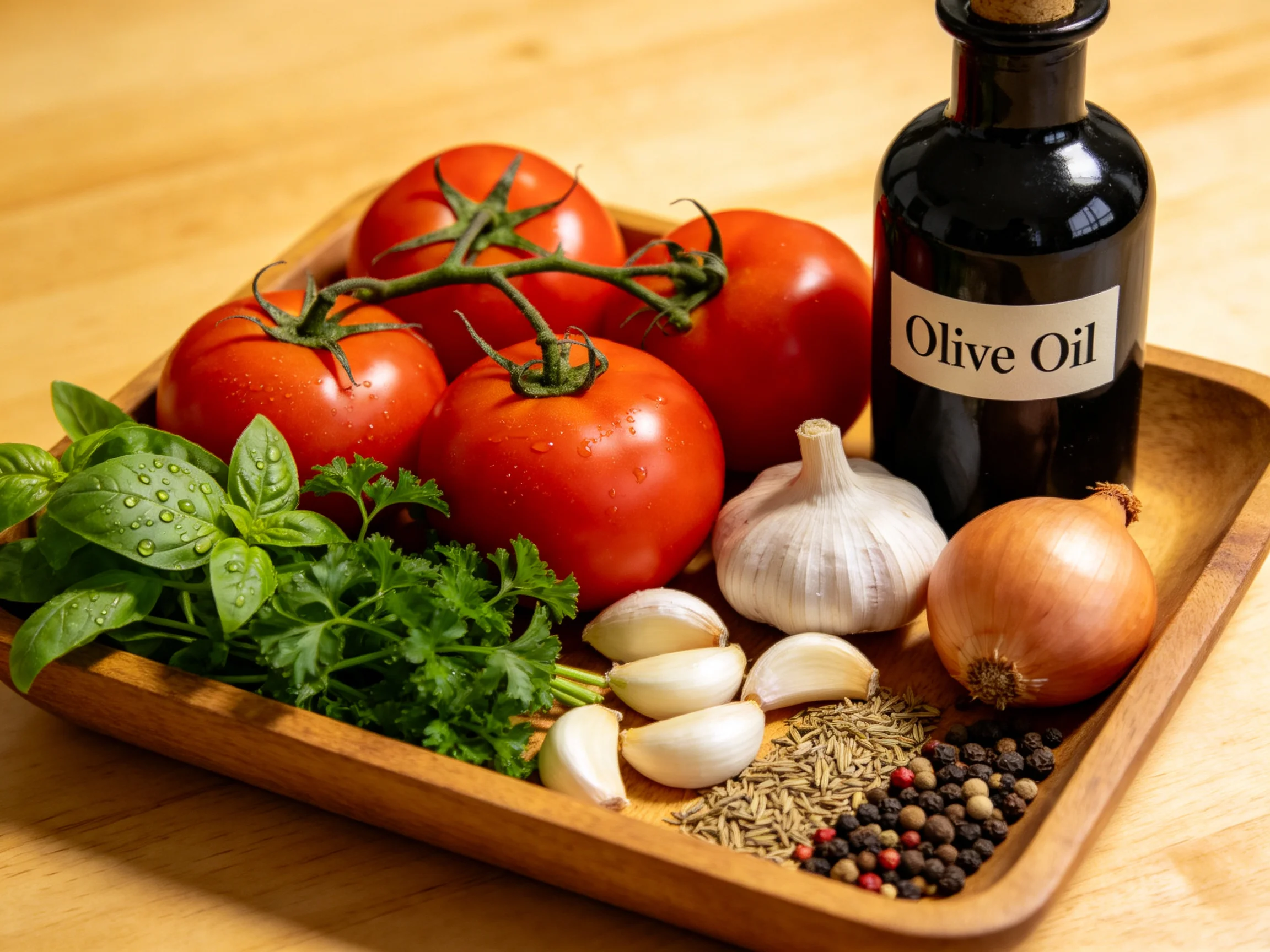 Five vibrant tomatoes with herbs, garlic, onion, olive oil, and spices on wooden tray