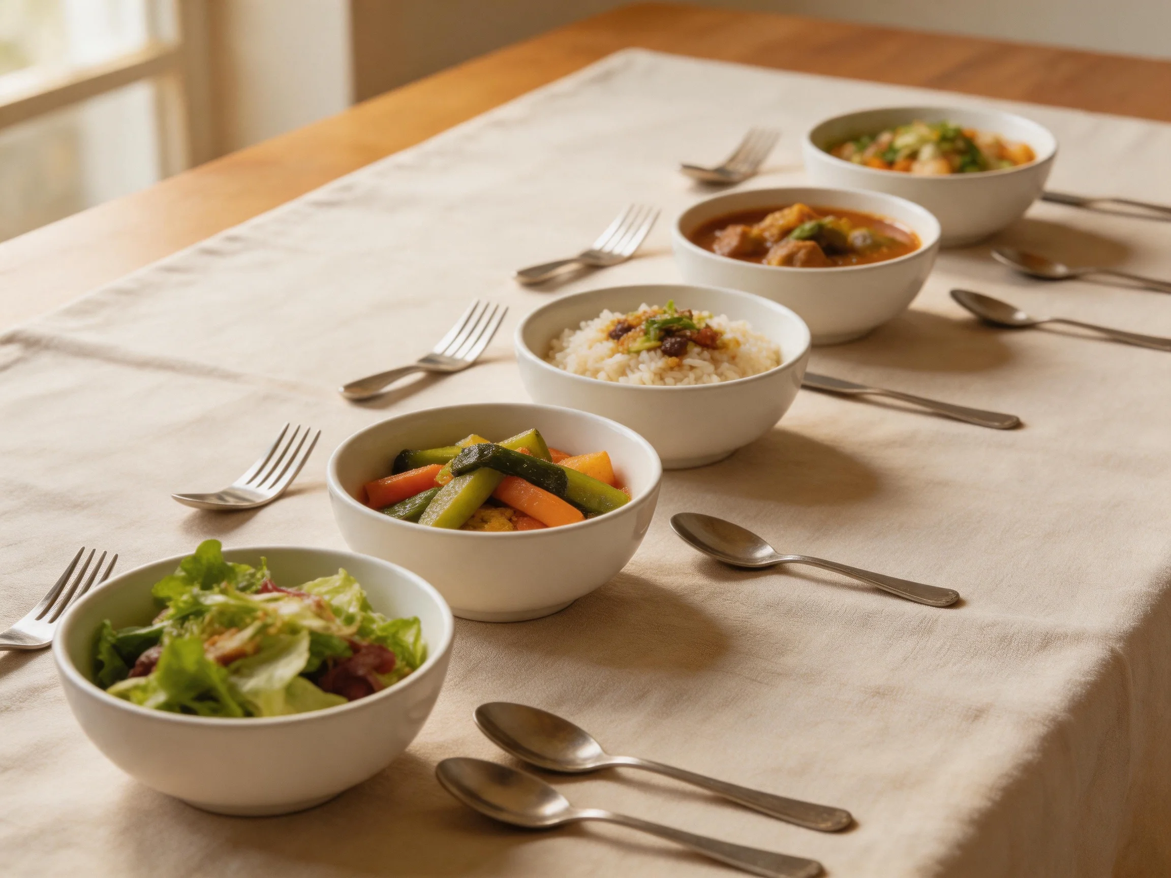 Five white bowls hold assorted dishes on a beige tablecloth