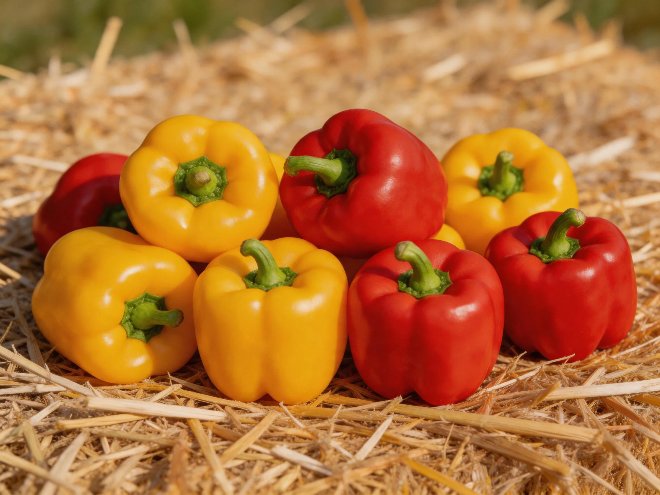 Five yellow and three red bell peppers arranged on straw