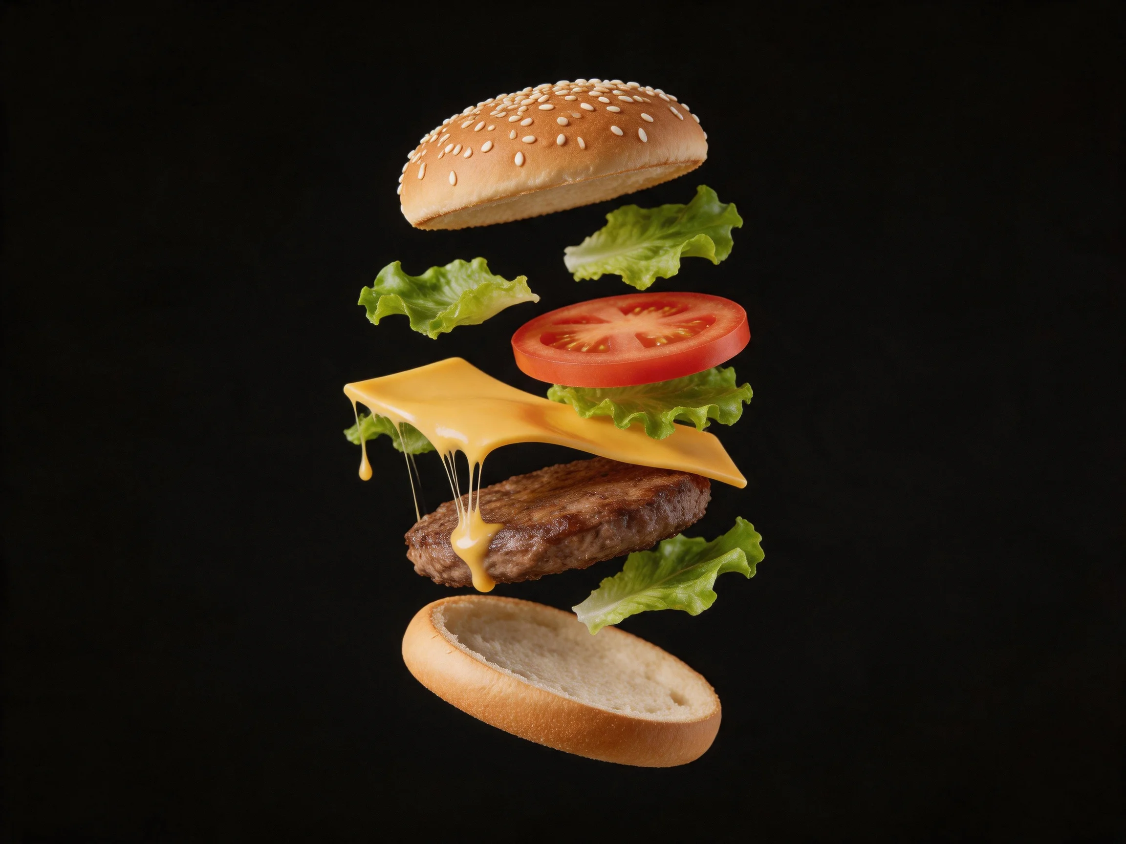 Floating hamburger ingredients: sesame bun, lettuce, tomato, cheese, beef, bottom bun