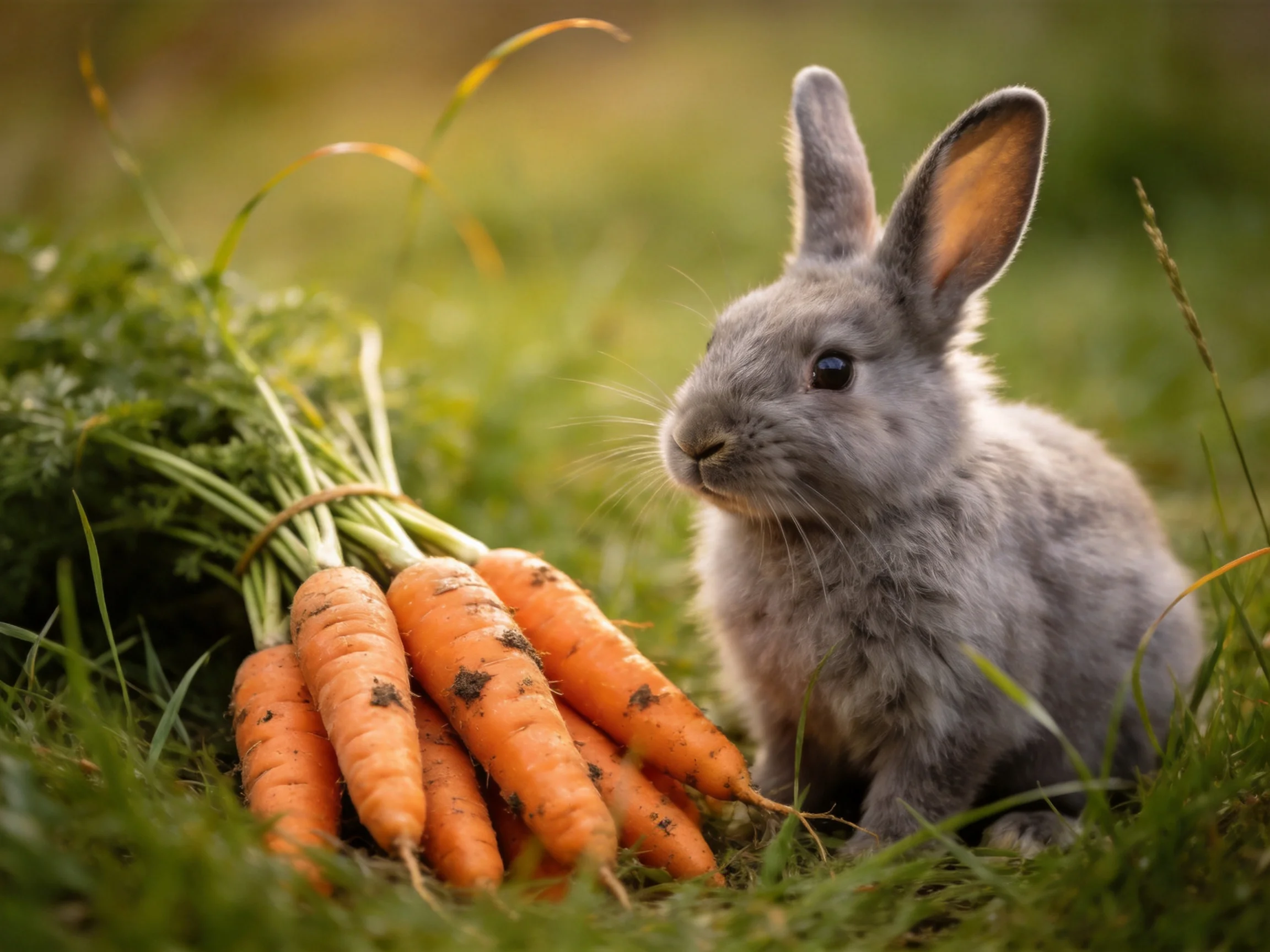 Fluffy gray rabbit beside orange carrot bundle in green grass