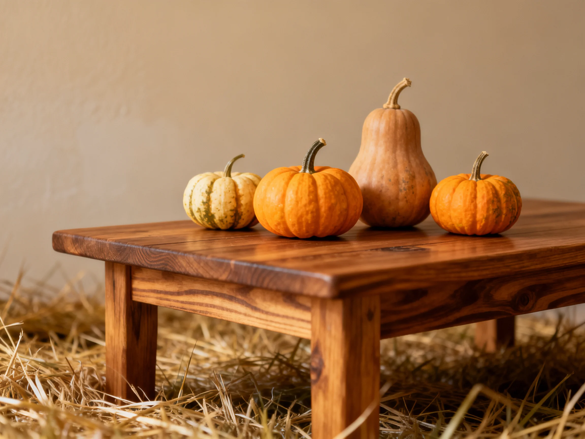 Four assorted gourds sit on a polished wooden table with straw below.