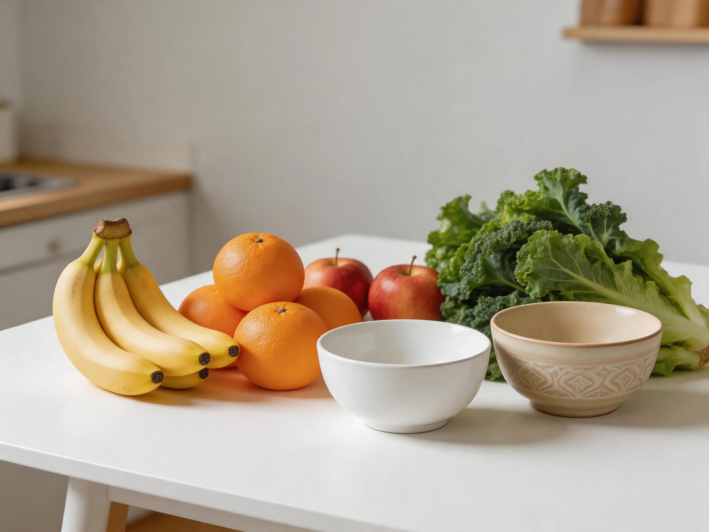Four bananas, three oranges, two apples, leafy greens, and two bowls on a white table