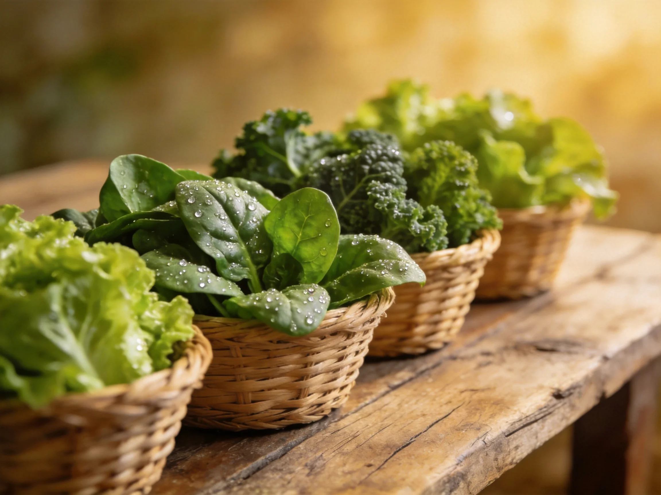 Four baskets hold assorted fresh green leafy vegetables on a rustic wooden table
