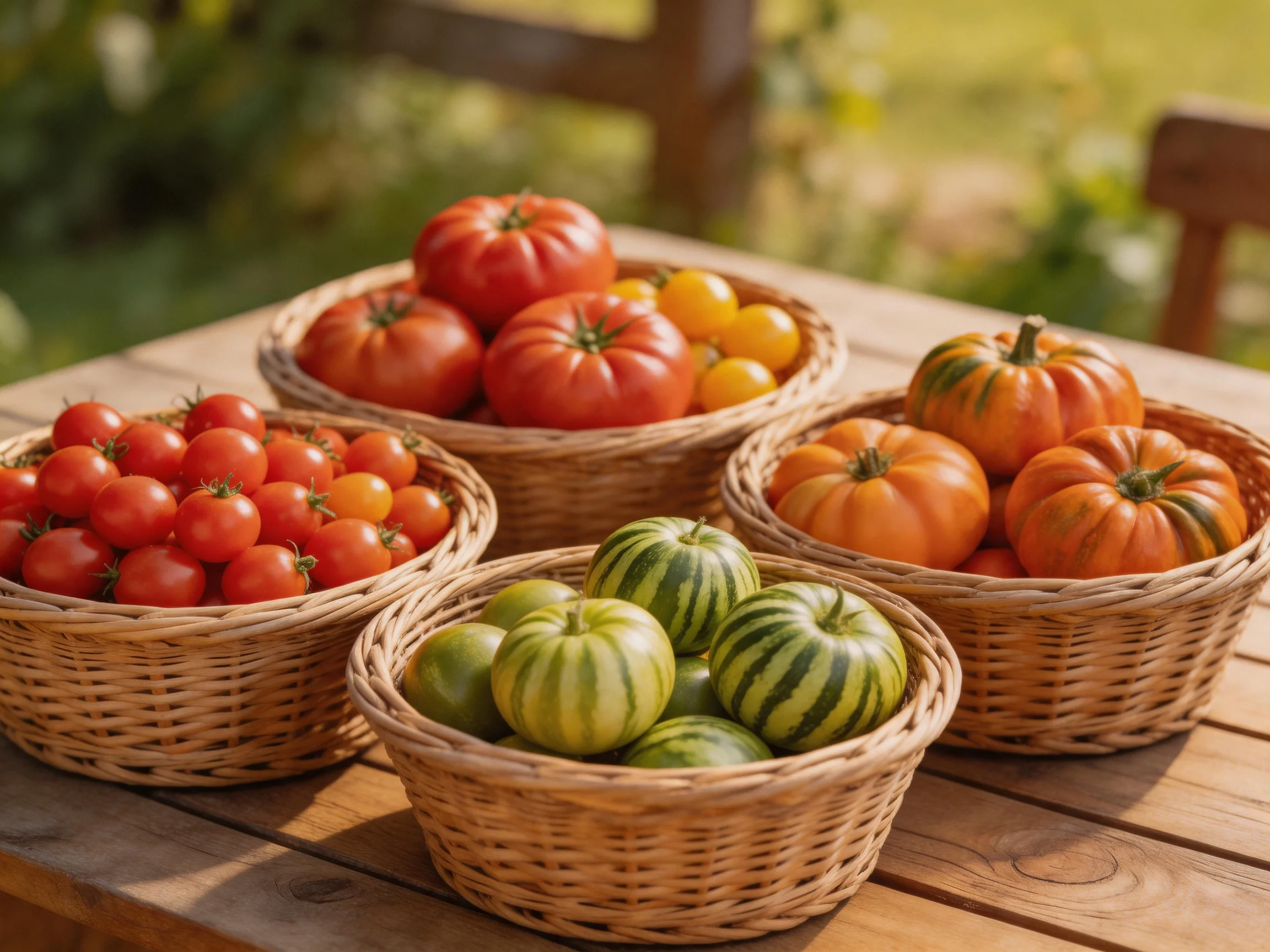 Four baskets hold vibrant heirloom tomatoes and miniature pumpkins on a wooden table