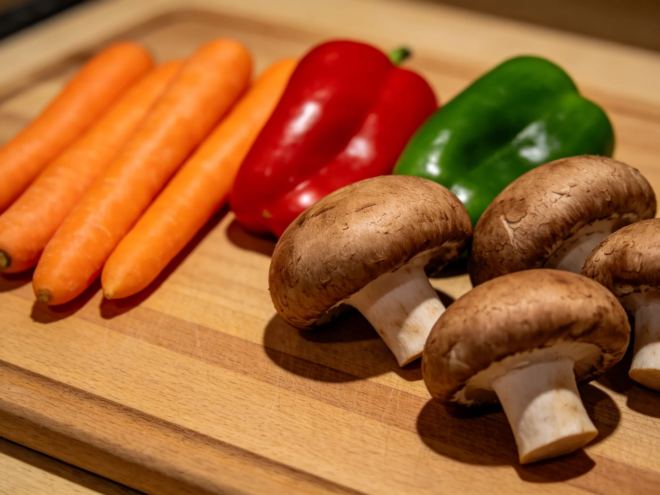 Four carrots, two peppers, three mushrooms on a wooden cutting board