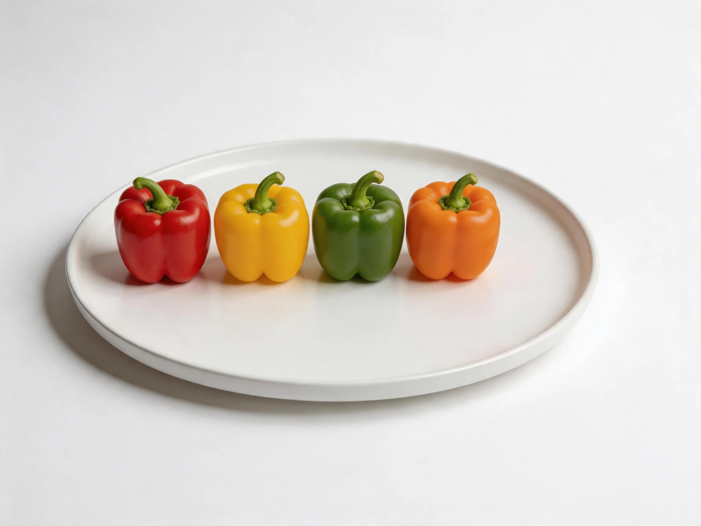 Four colorful bell peppers arranged on a white plate