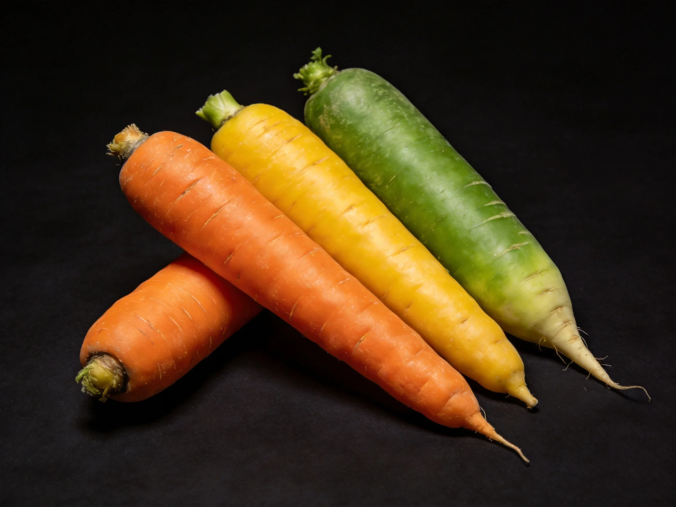 Four colorful carrots in orange, yellow, and green on a black background