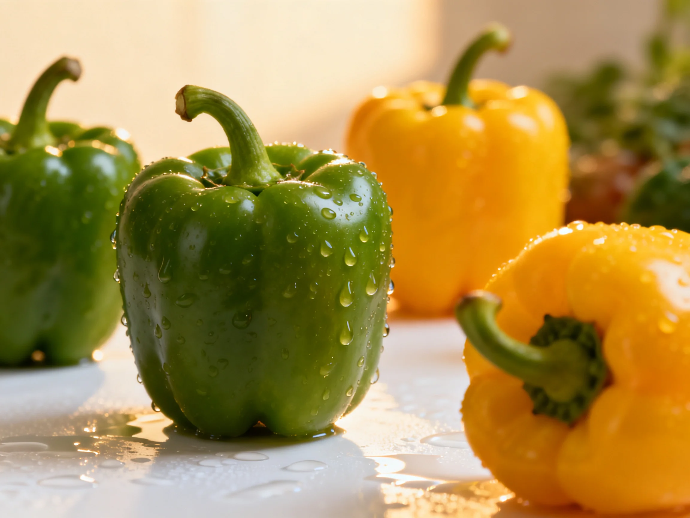 Four fresh bell peppers in green and yellow hues show water droplets on a white surface