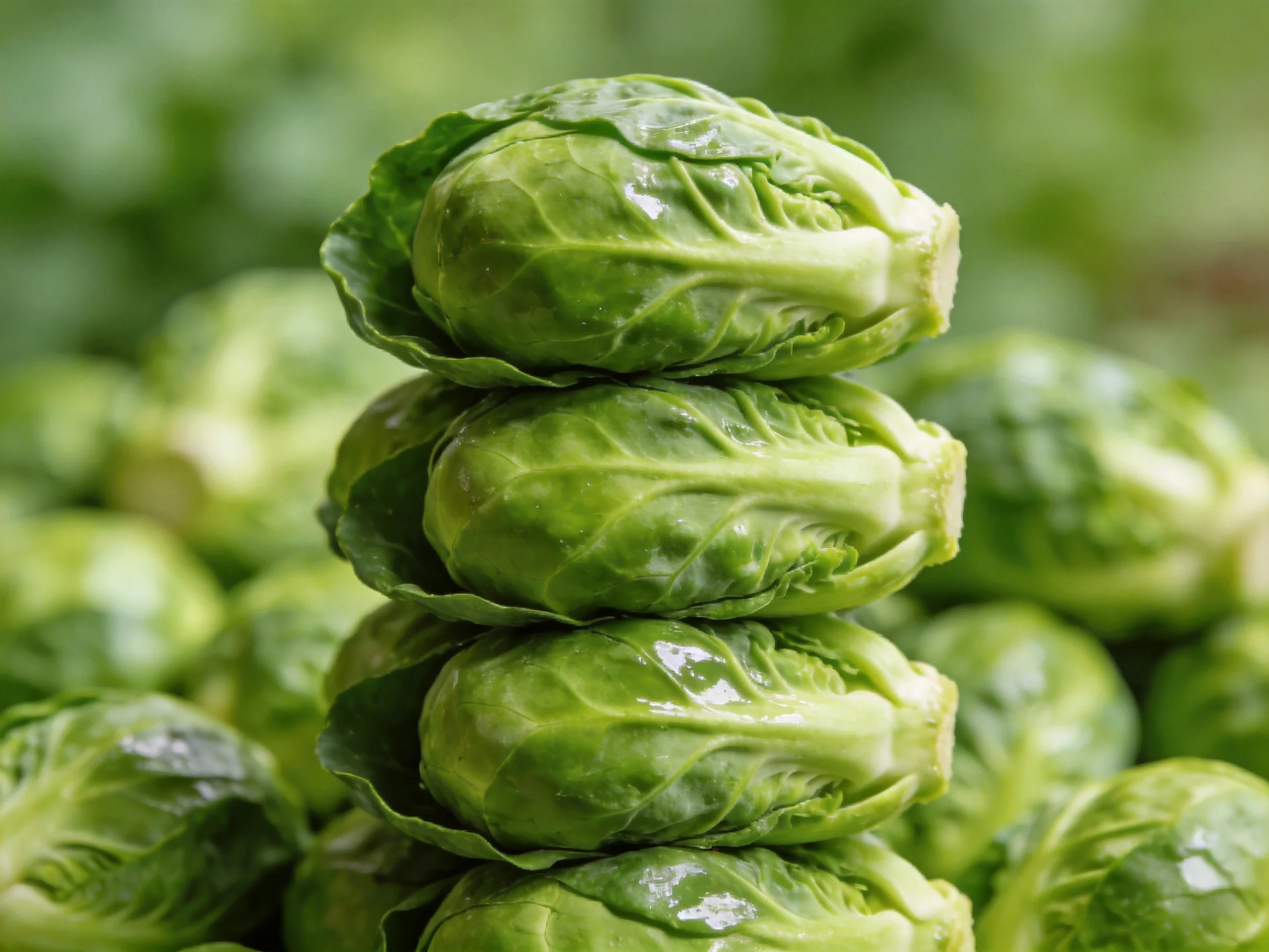 Four fresh green Brussels sprouts stacked vertically with more sprouts in the background