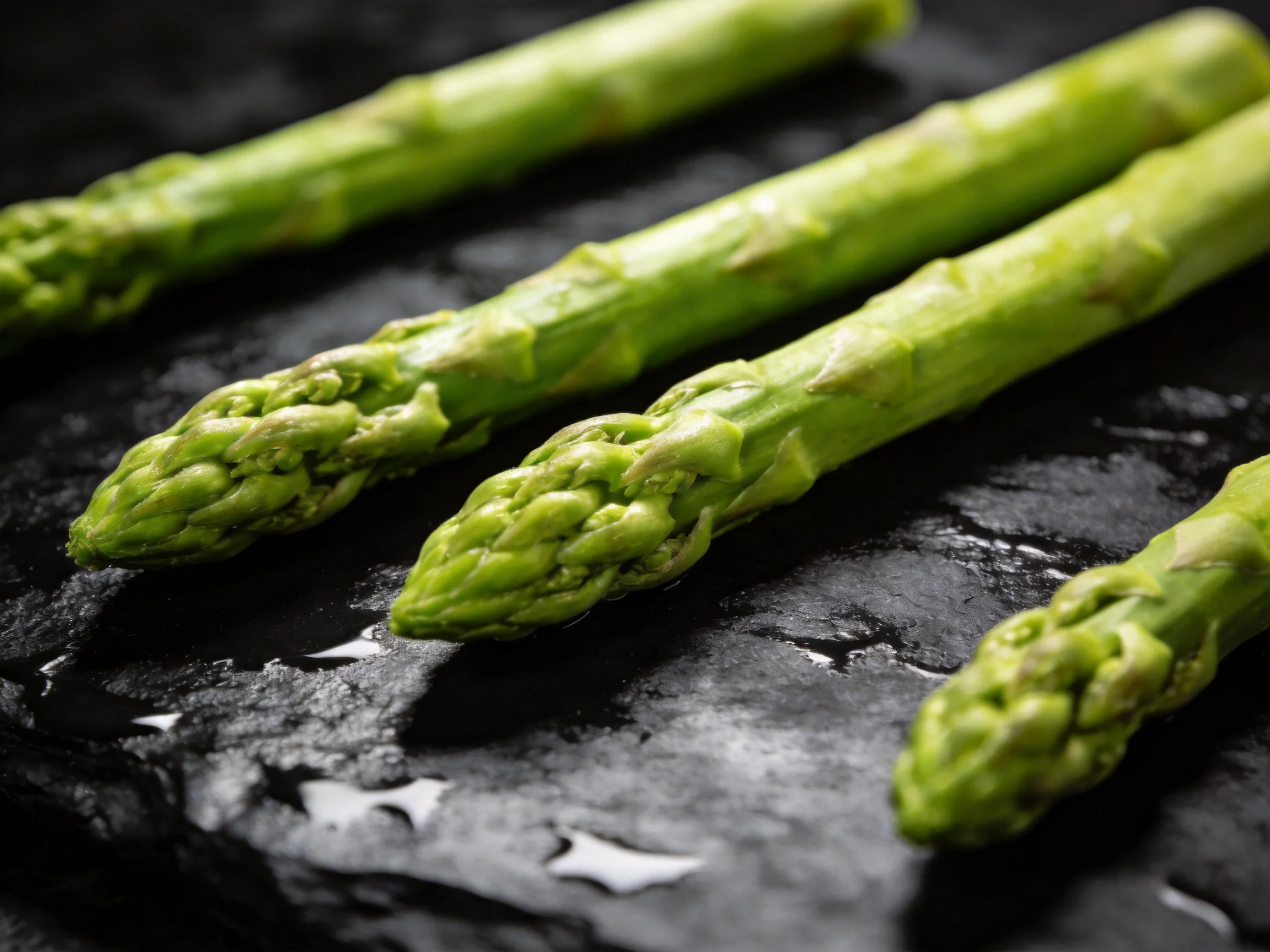 Four fresh green asparagus spears on dark slate with water droplets