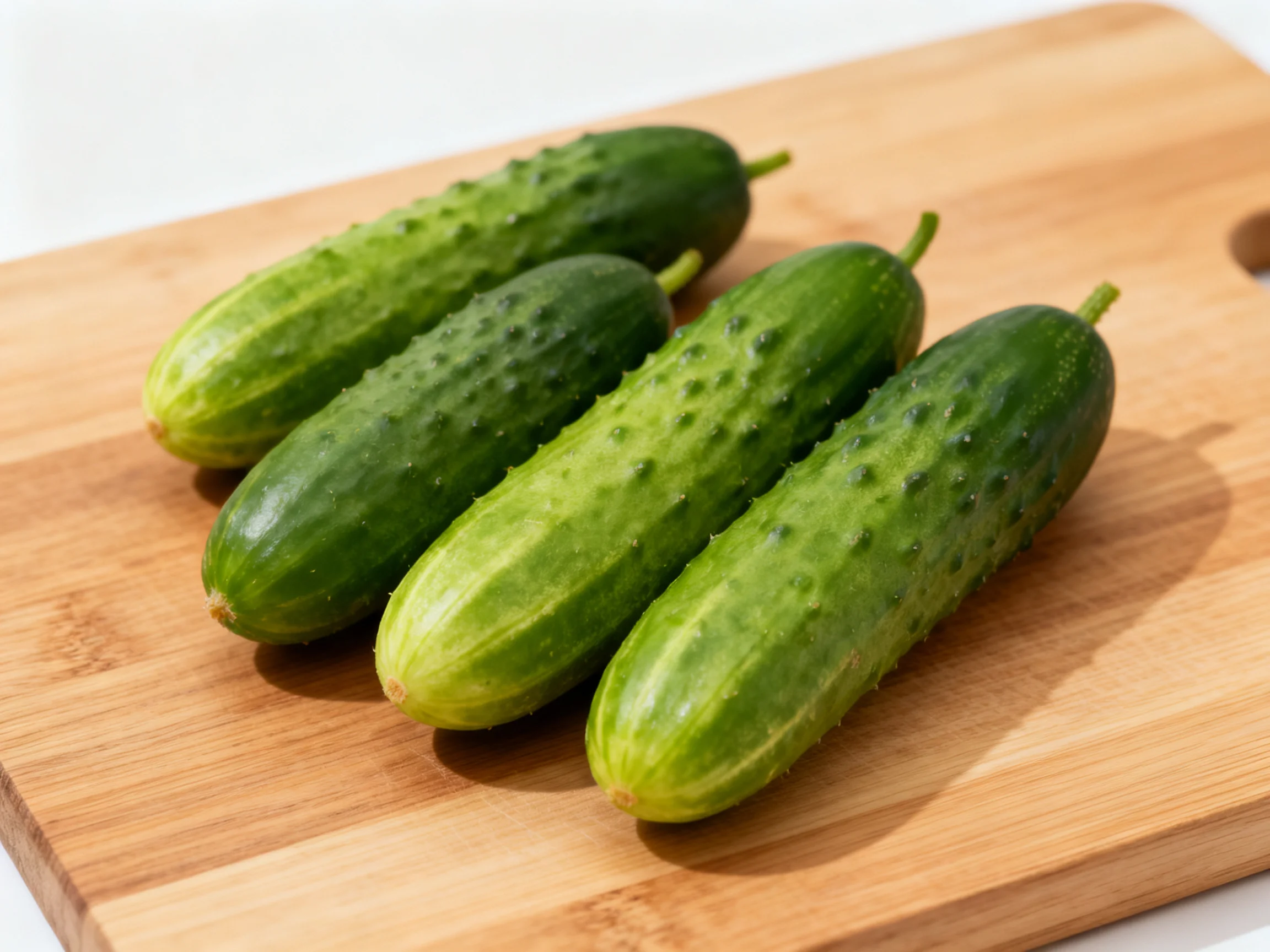 Four fresh green cucumbers on a bamboo cutting board