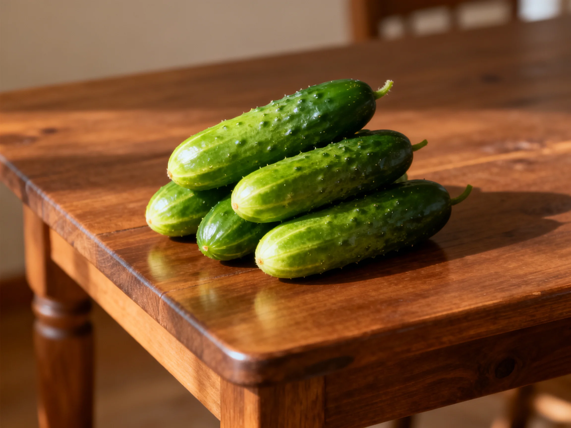 Four fresh green cucumbers stacked on a polished wooden table
