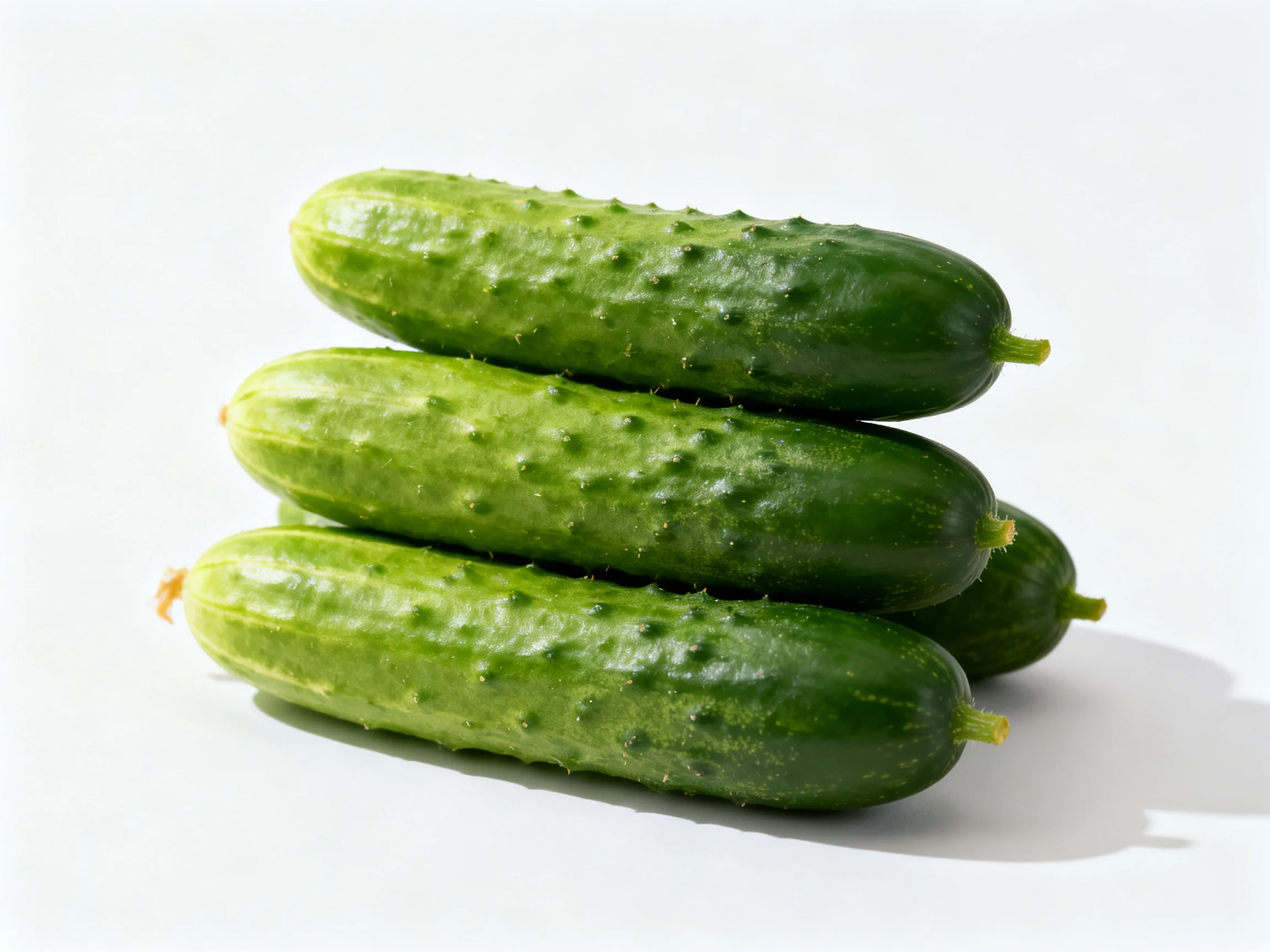 Four fresh green cucumbers stacked vertically on a white surface