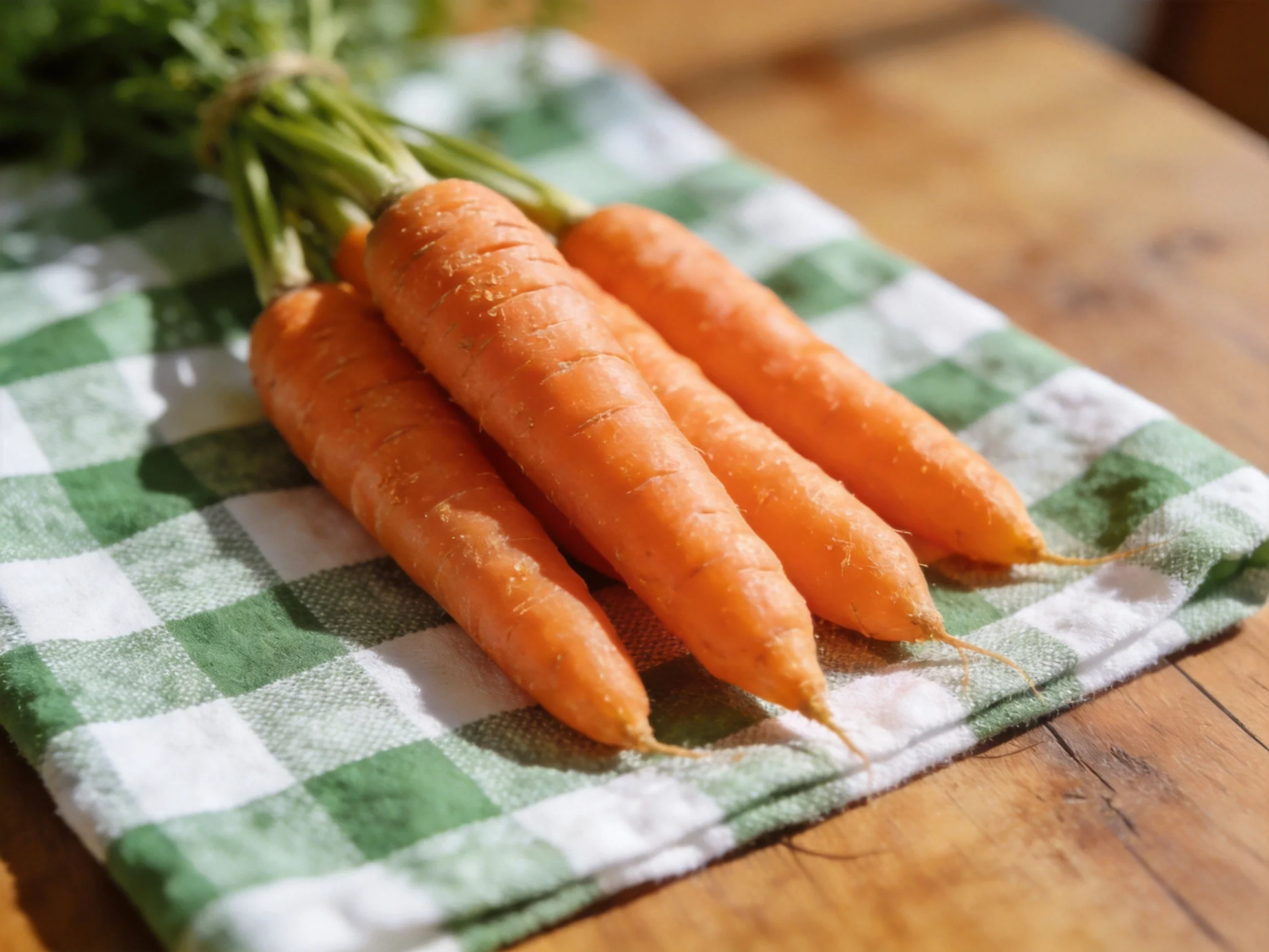 Four fresh orange carrots rest on a green-and-white checkered cloth