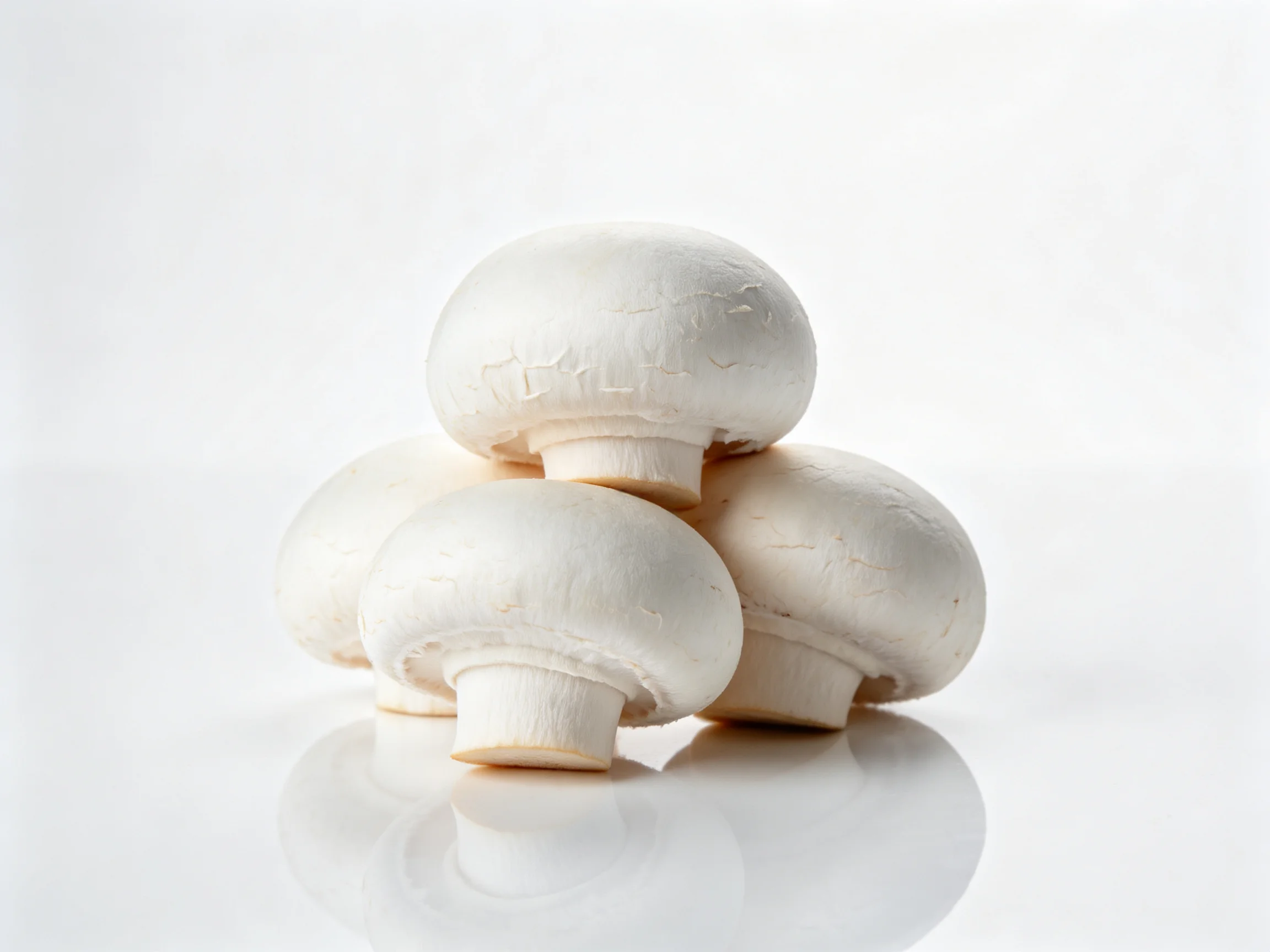Four fresh white button mushrooms arranged on a reflective surface