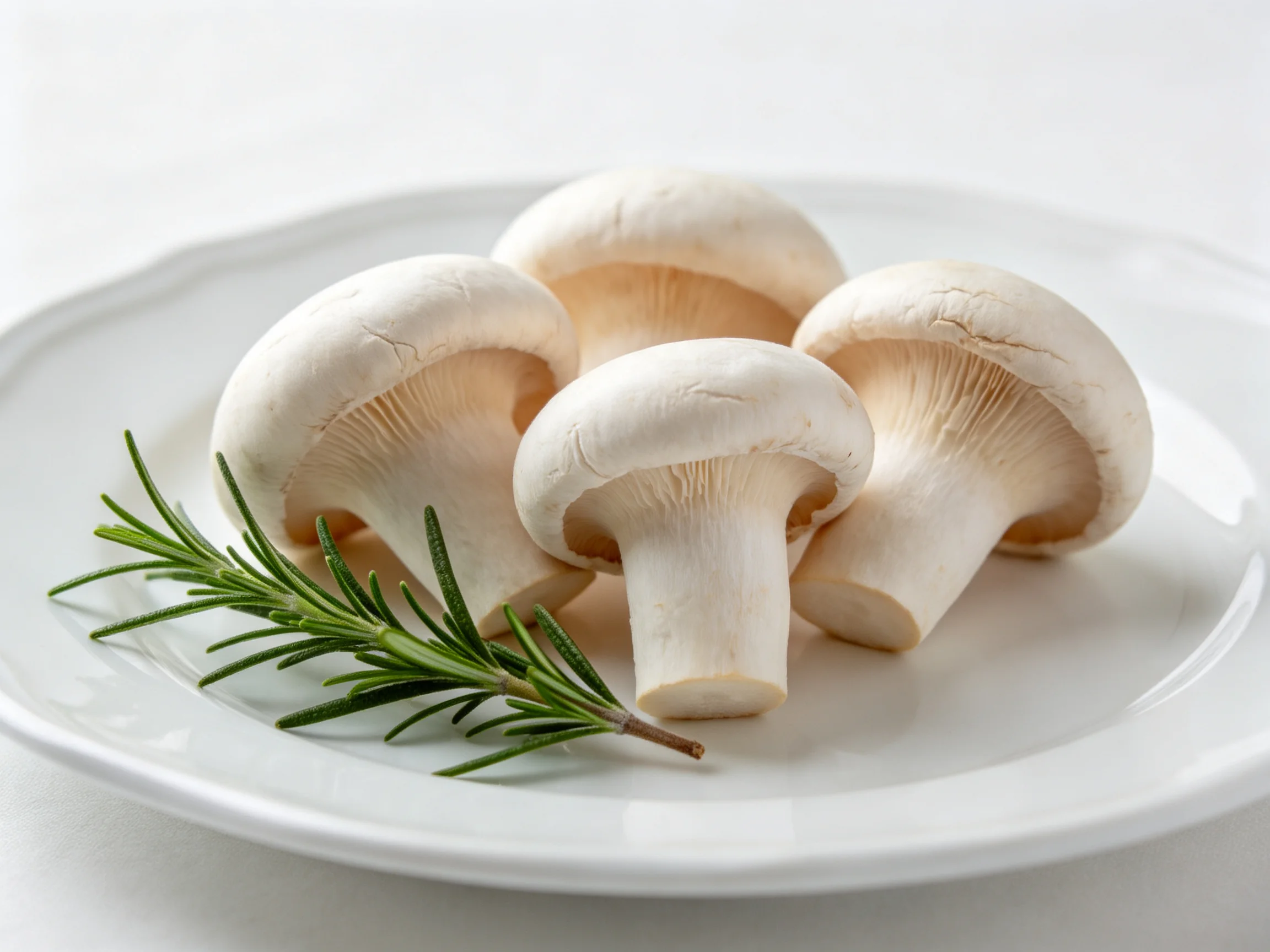 Four fresh white button mushrooms with rosemary garnish on a white plate