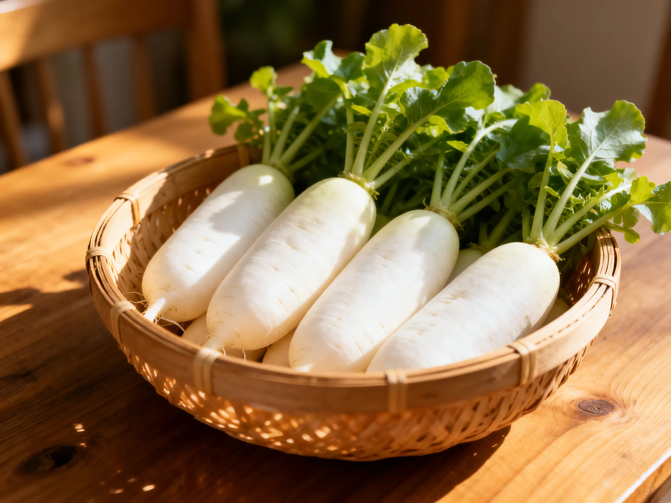 Four fresh white radishes with green tops in a bamboo basket