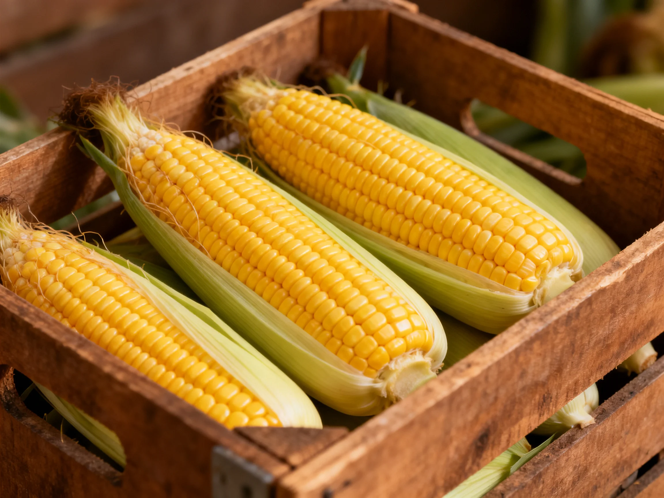 Four fresh yellow corn cobs in a rustic wooden crate