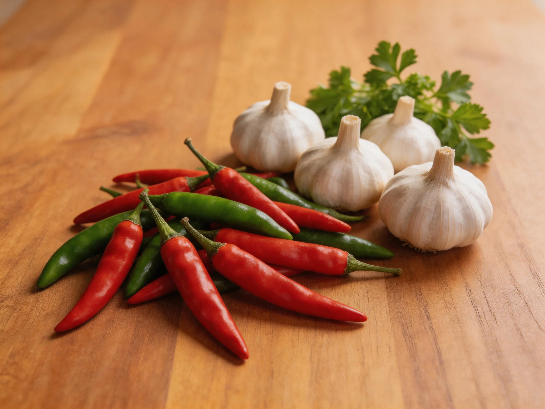 Four garlic bulbs, red and green chili peppers, and parsley on a wooden surface