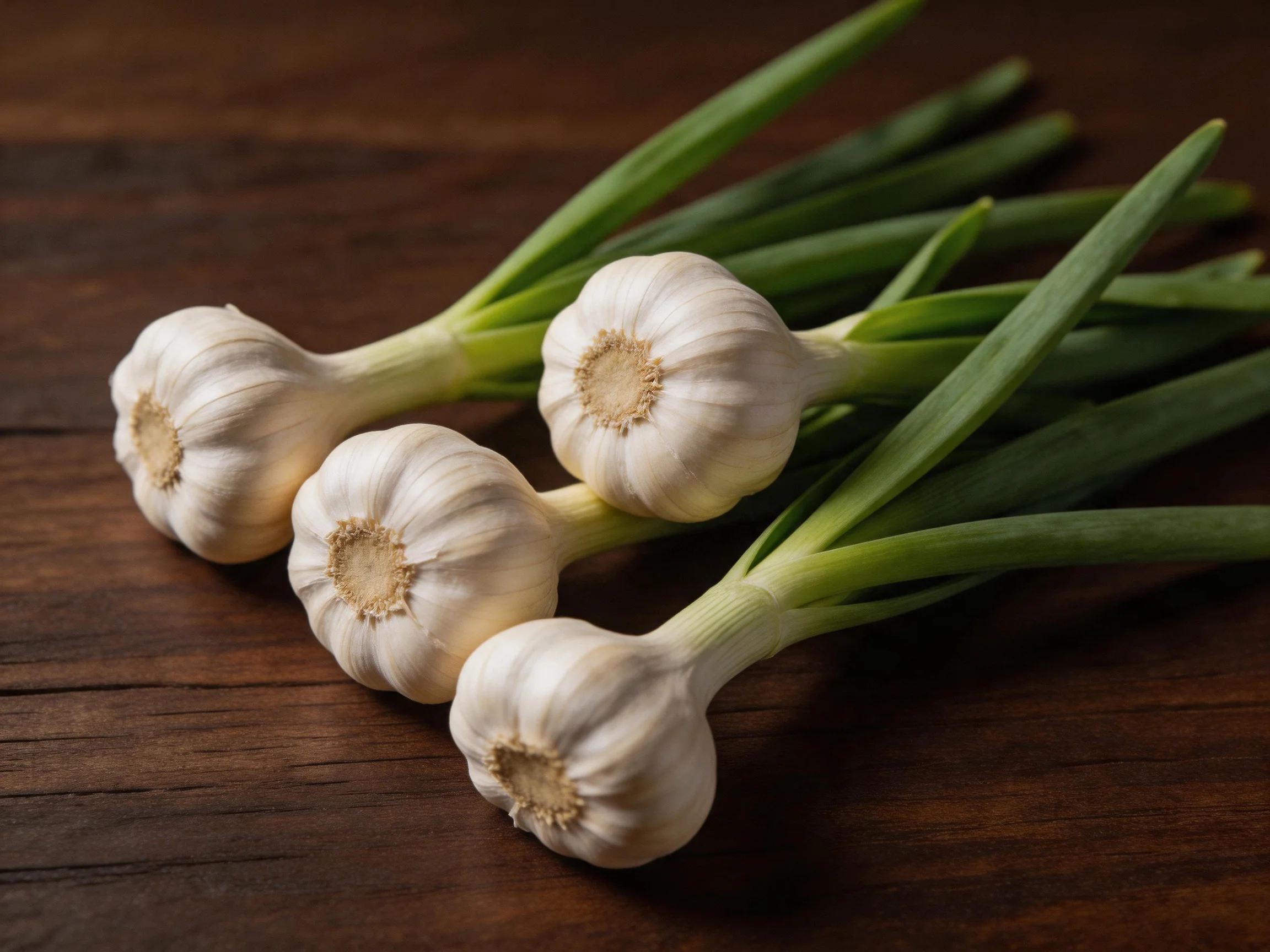 Four garlic bulbs with long green stems on a dark wooden surface