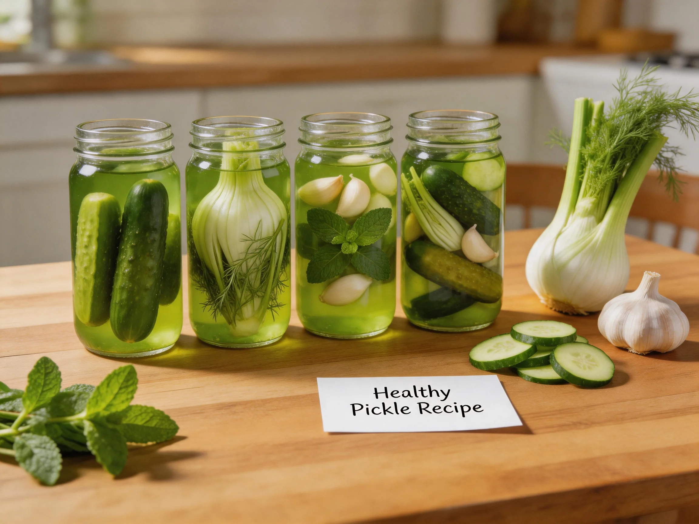 Four glass jars hold green pickle brines with cucumbers, garlic, and herbs