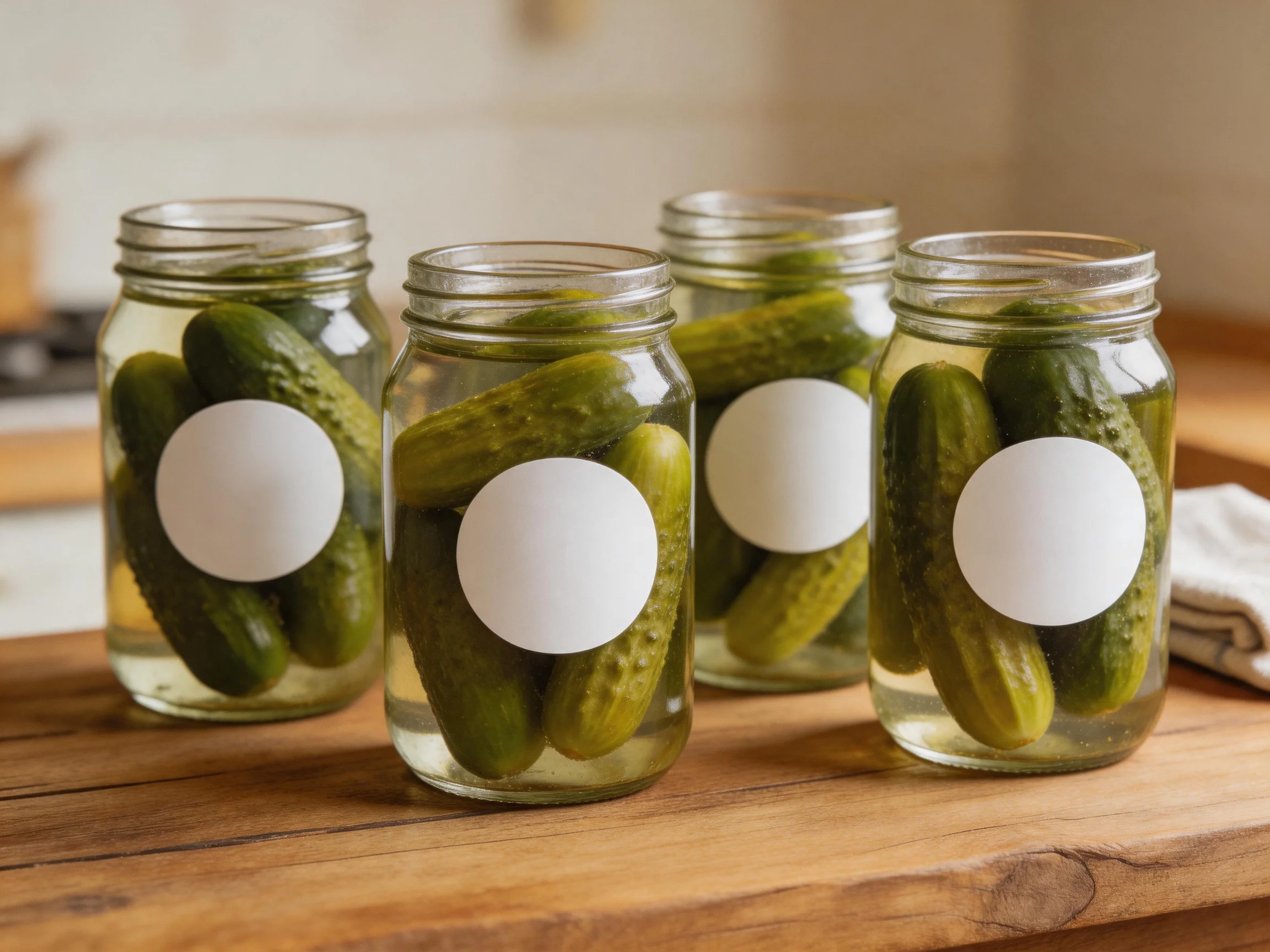 Four glass jars of pickled cucumbers on a wooden cutting board