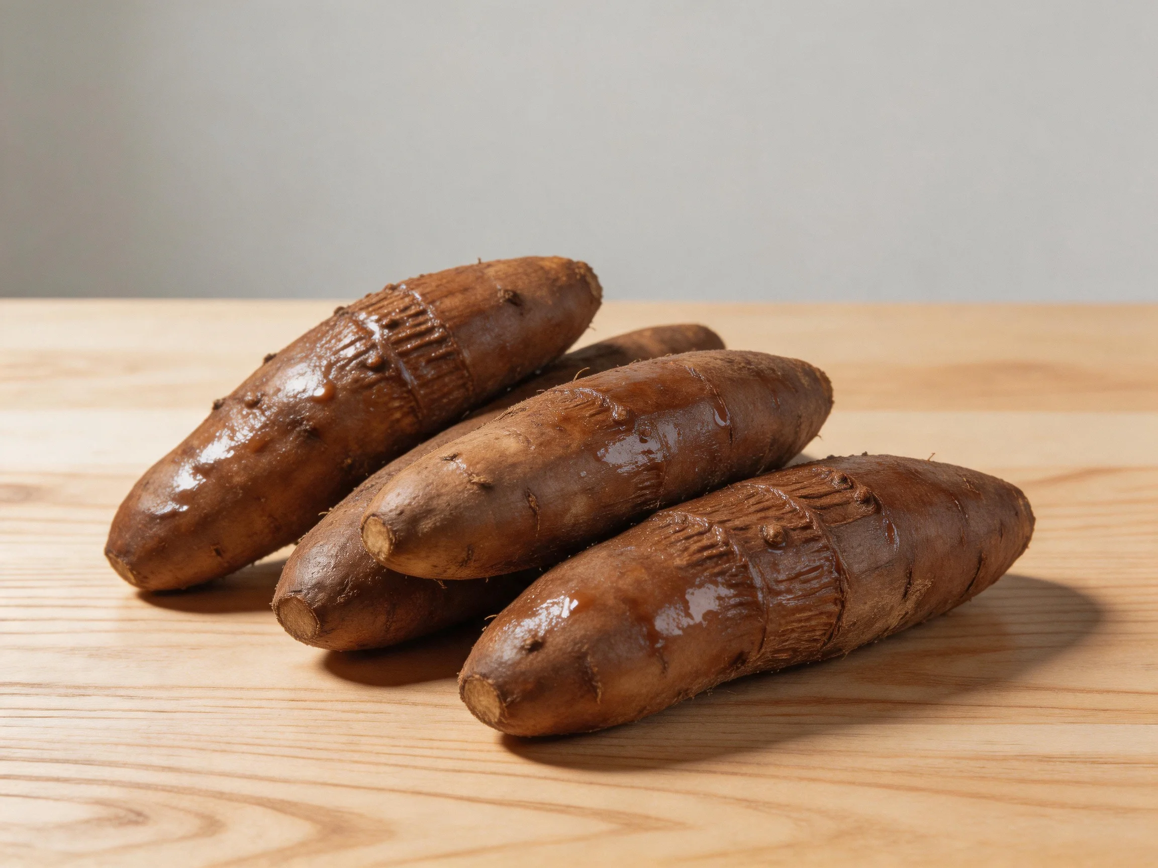 Four glossy brown tubers arranged on a light wooden surface