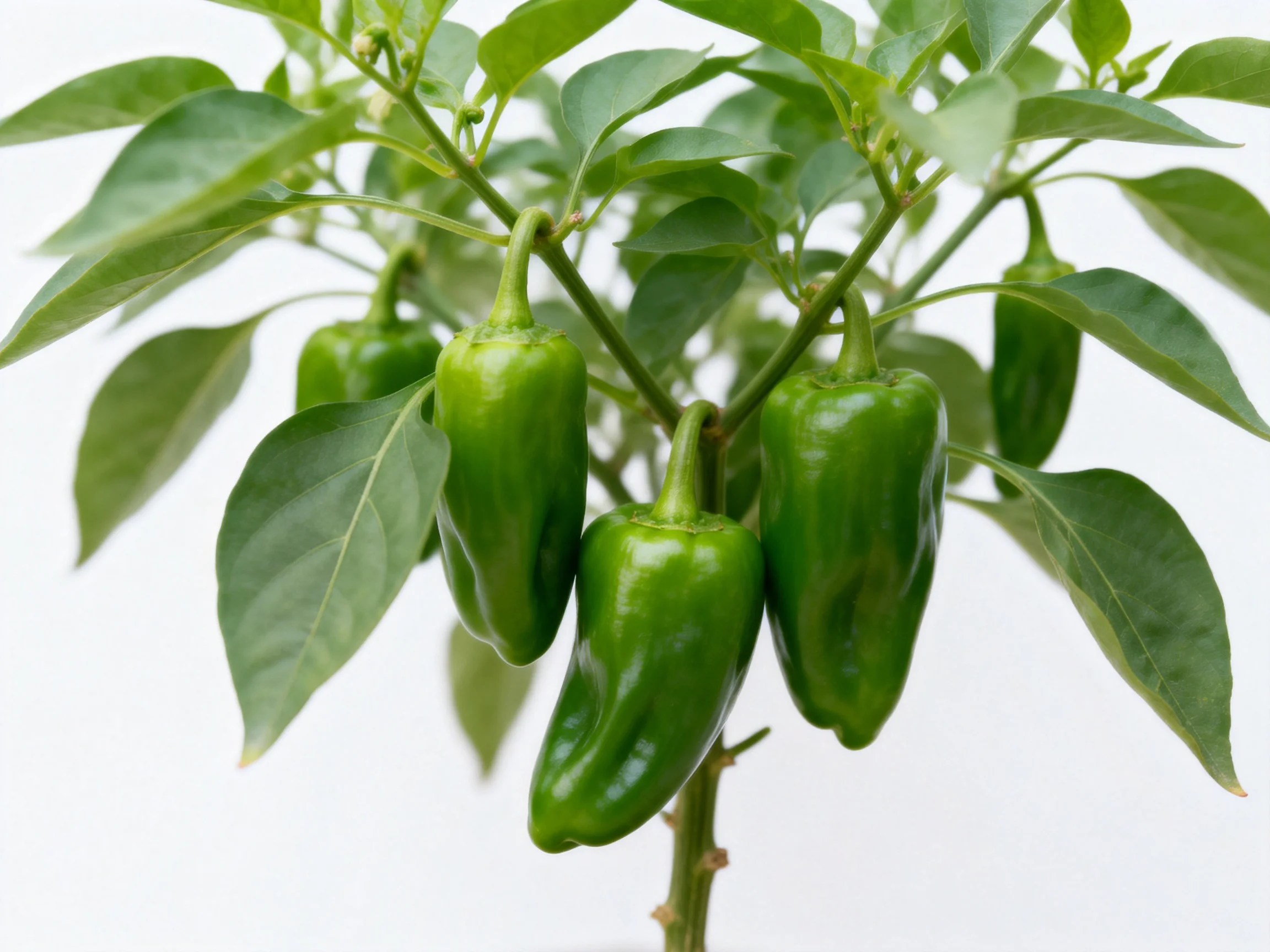 Four glossy green peppers growing on a leafy plant with broad leaves