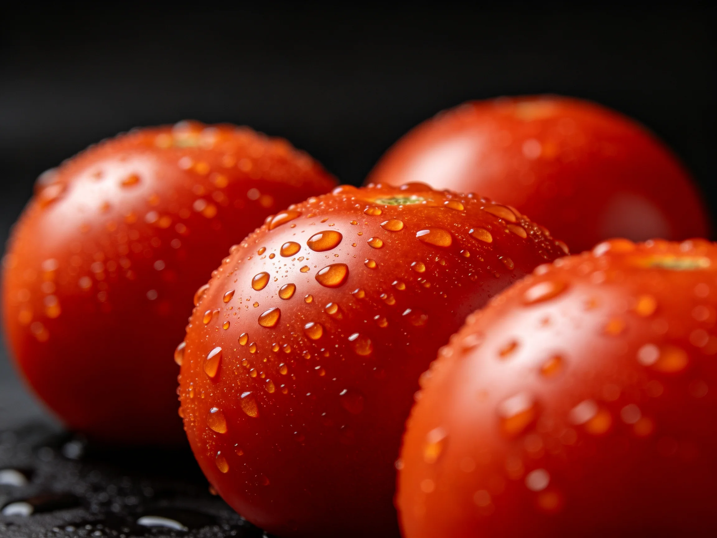 Four glossy red tomatoes with shimmering water droplets