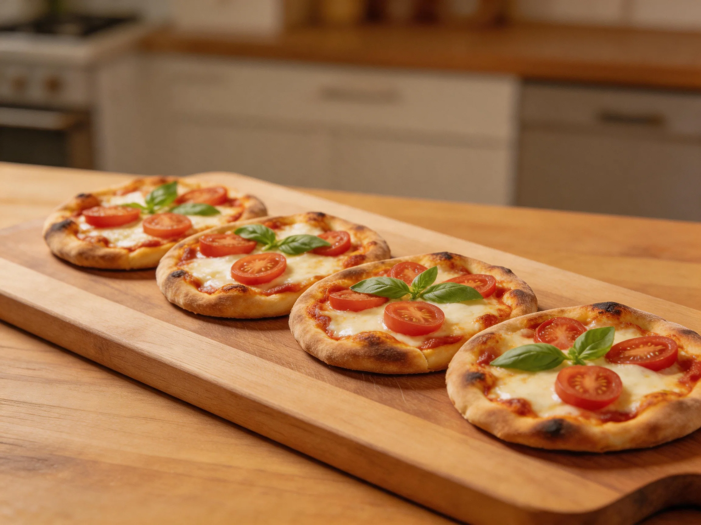 Four golden-brown mini pizzas with tomatoes and basil on a wooden serving board
