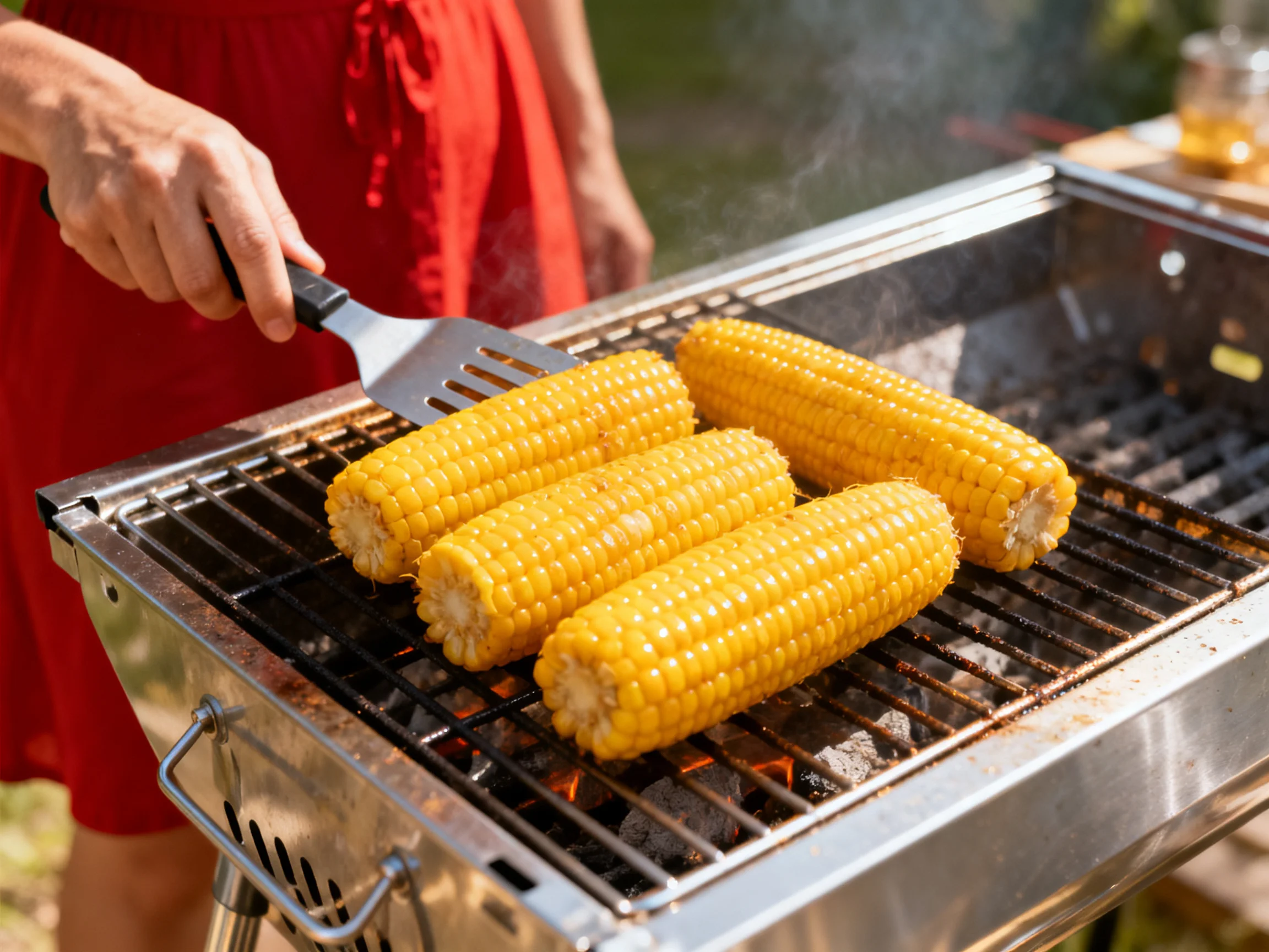 Four golden corn cobs grilling on a stainless steel outdoor barbecue