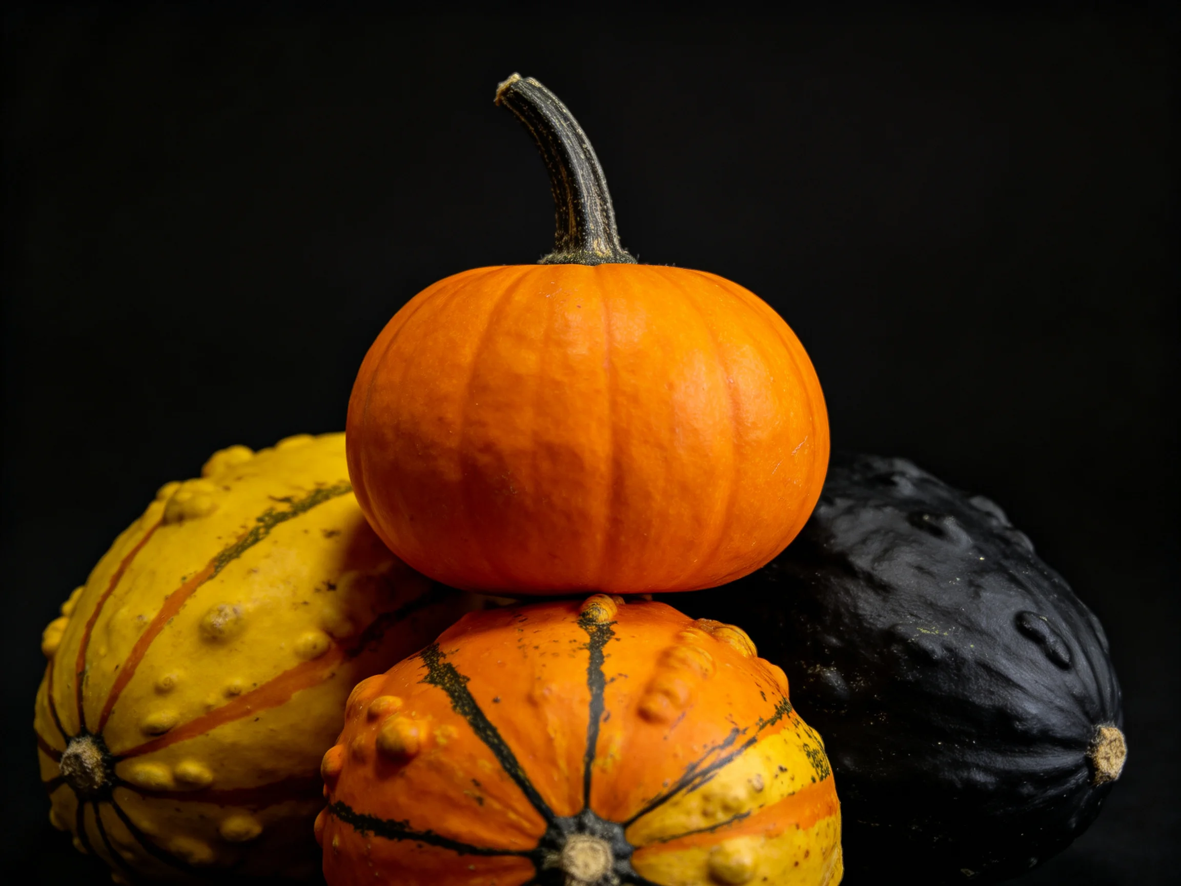 Four gourds with orange, yellow, and black hues; orange pumpkin centered