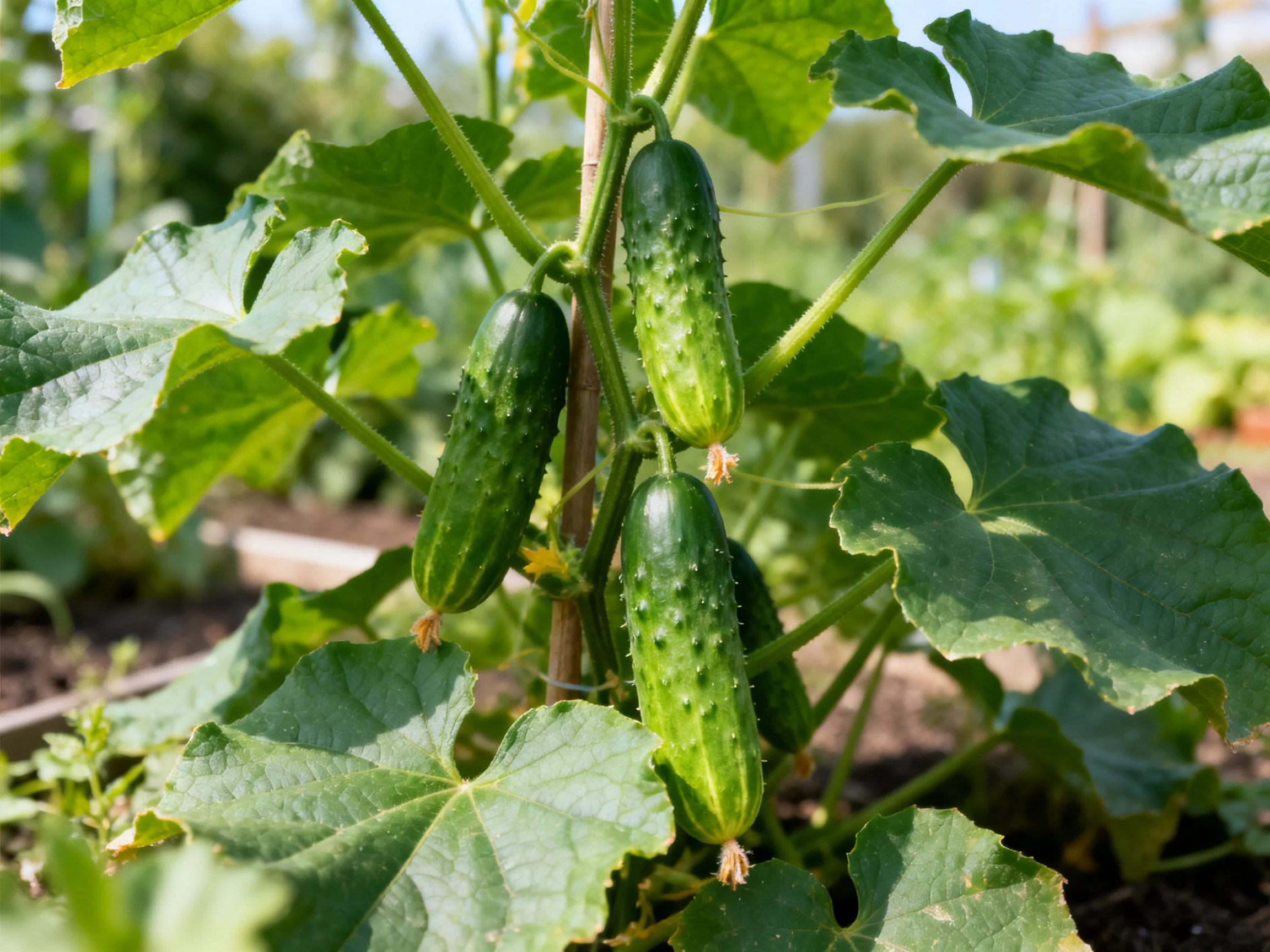 Four green cucumbers growing on a vine with large green leaves