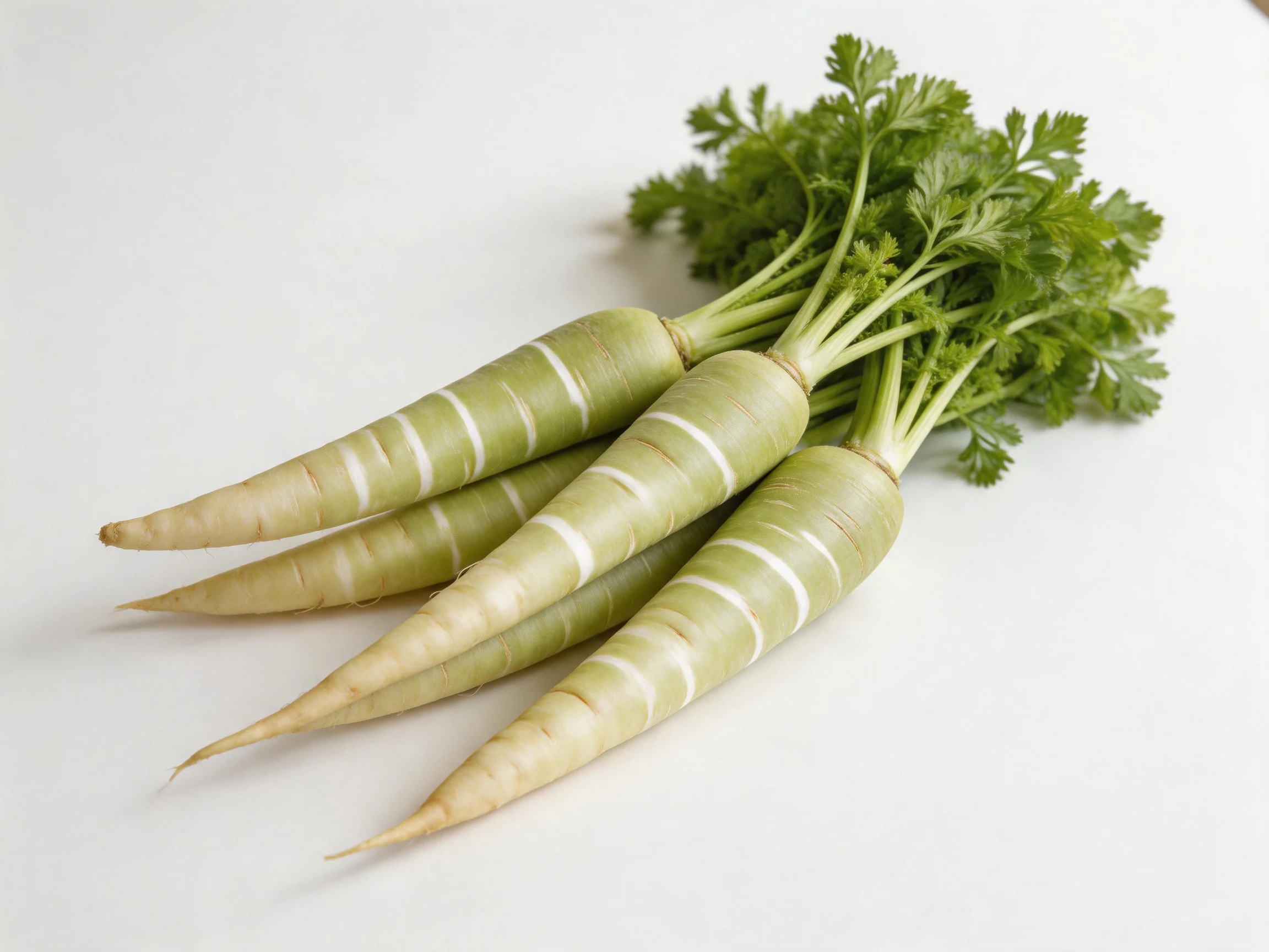 Four green-striped carrots with leafy tops on a plain white surface