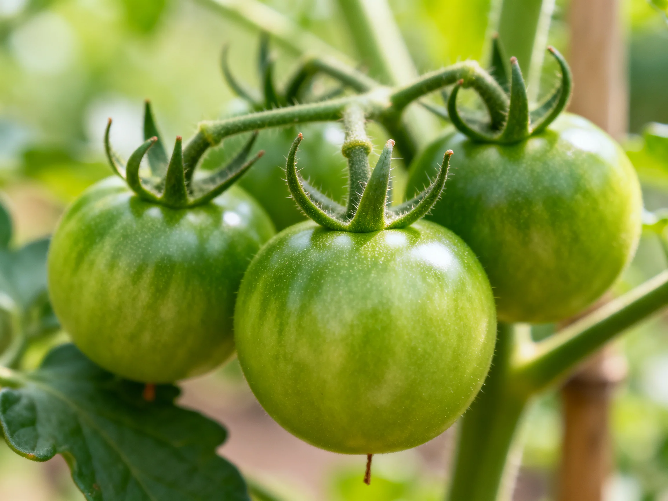 Four green tomatoes growing on a vine with fuzzy stems