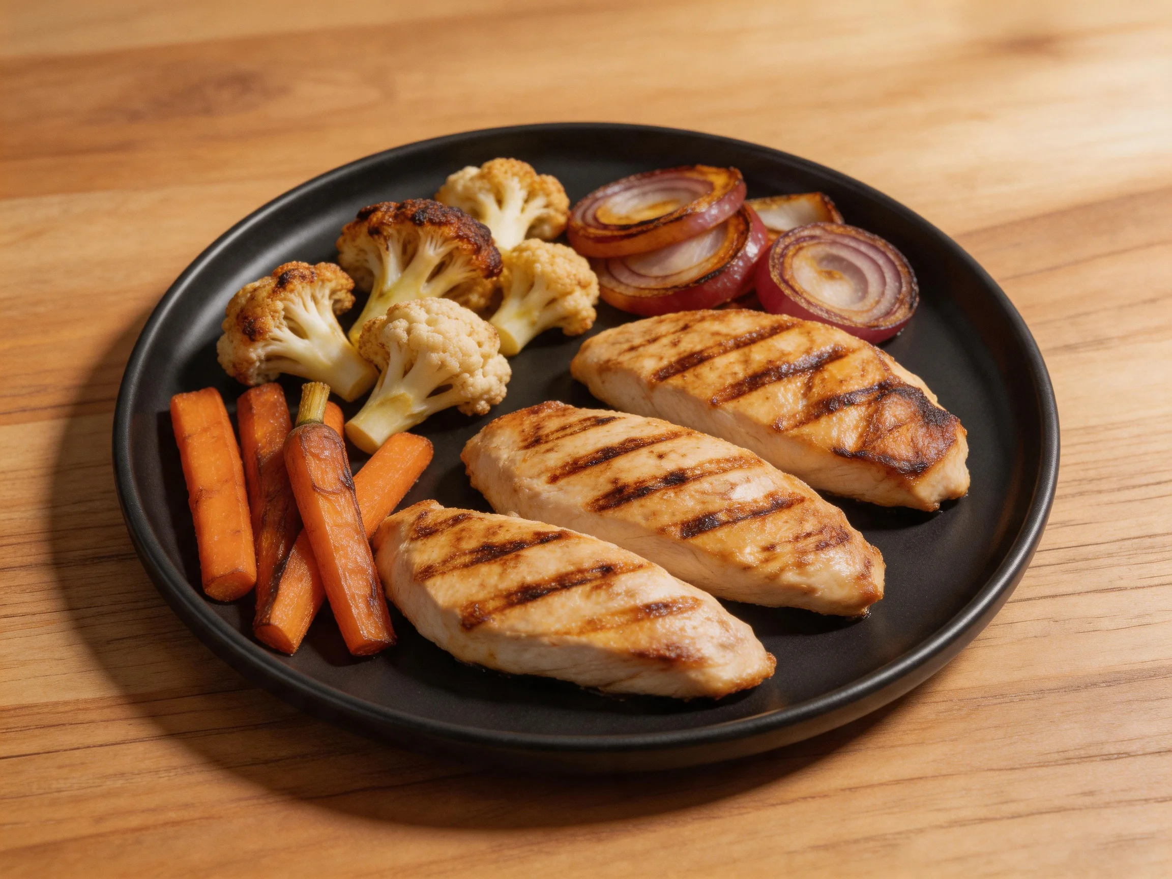 Four grilled chicken breasts served with roasted cauliflower, carrots, and red onions