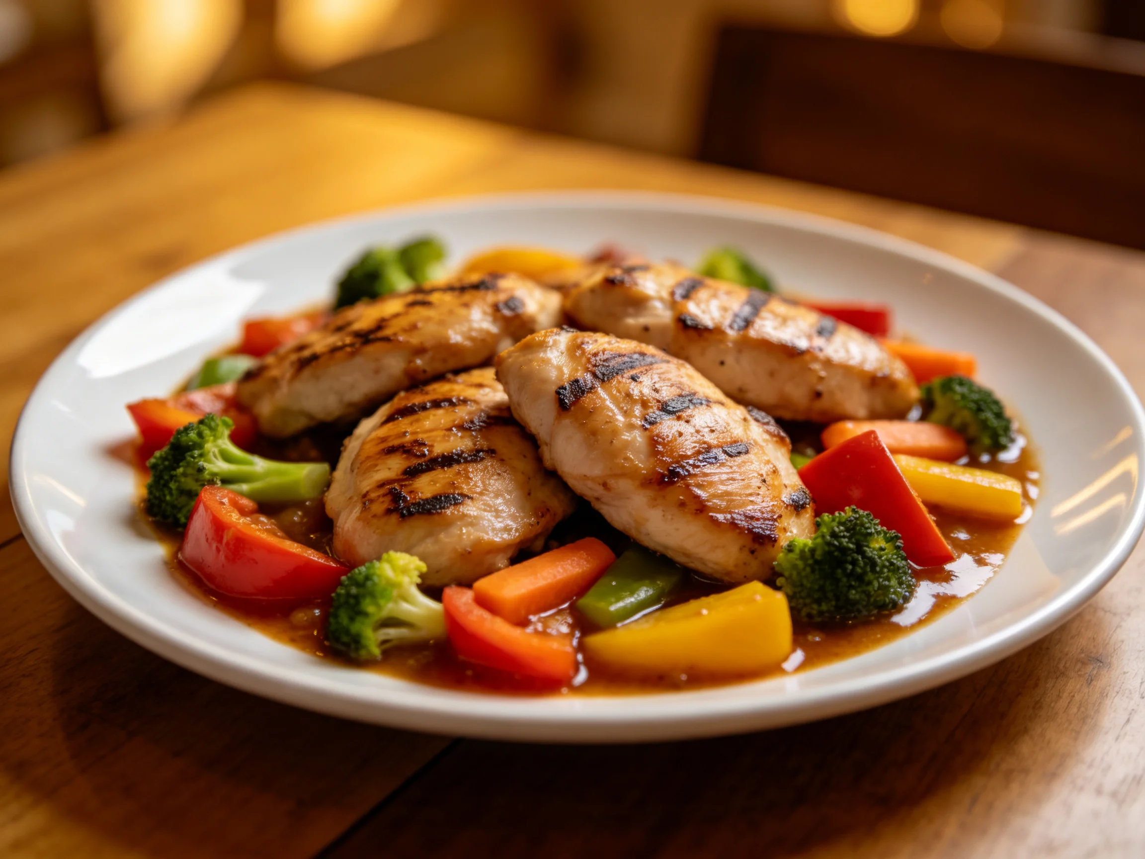 Four grilled chicken breasts with colorful vegetable medley in savory sauce