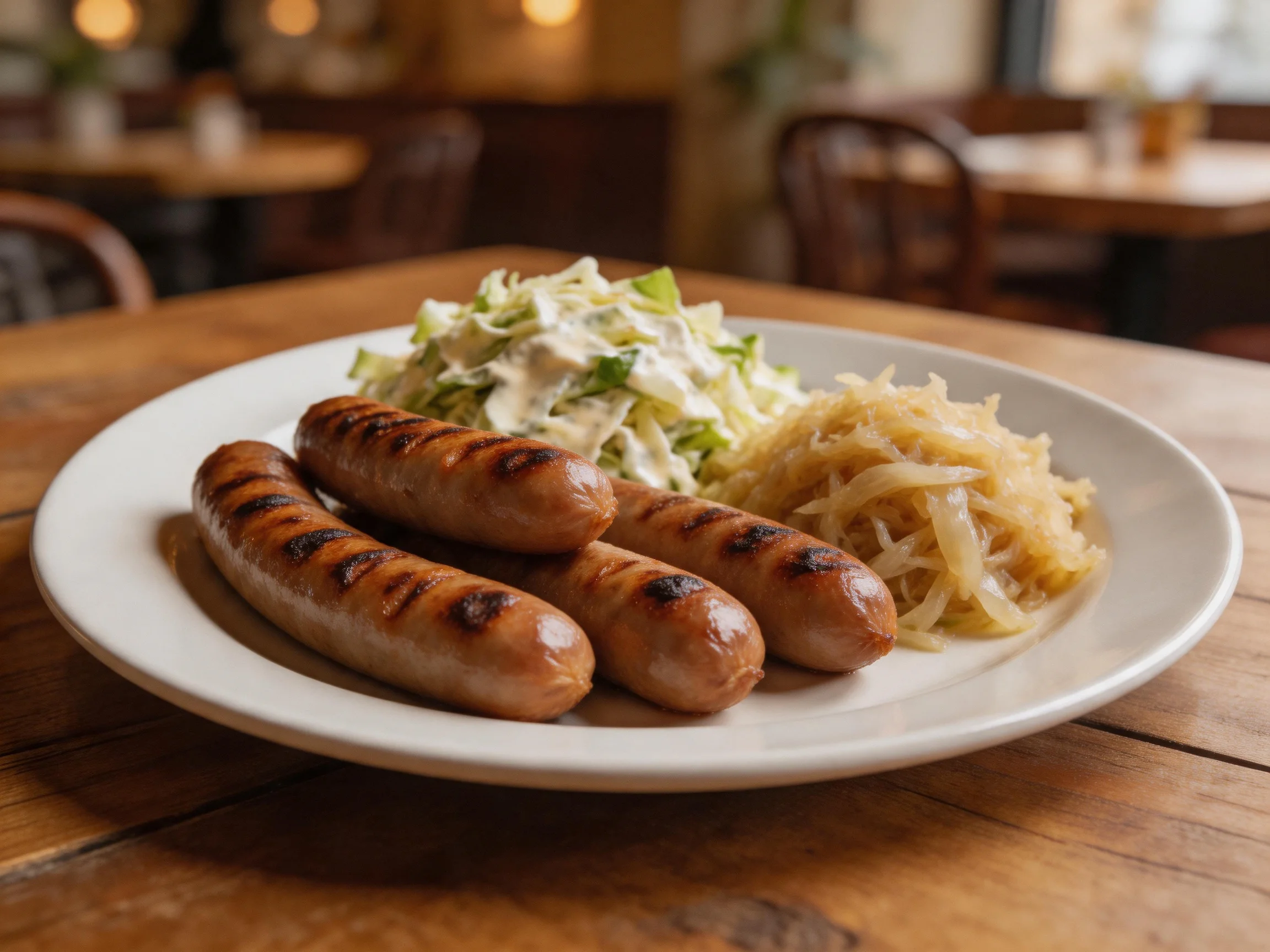Four grilled sausages served with coleslaw and sauerkraut on a white plate