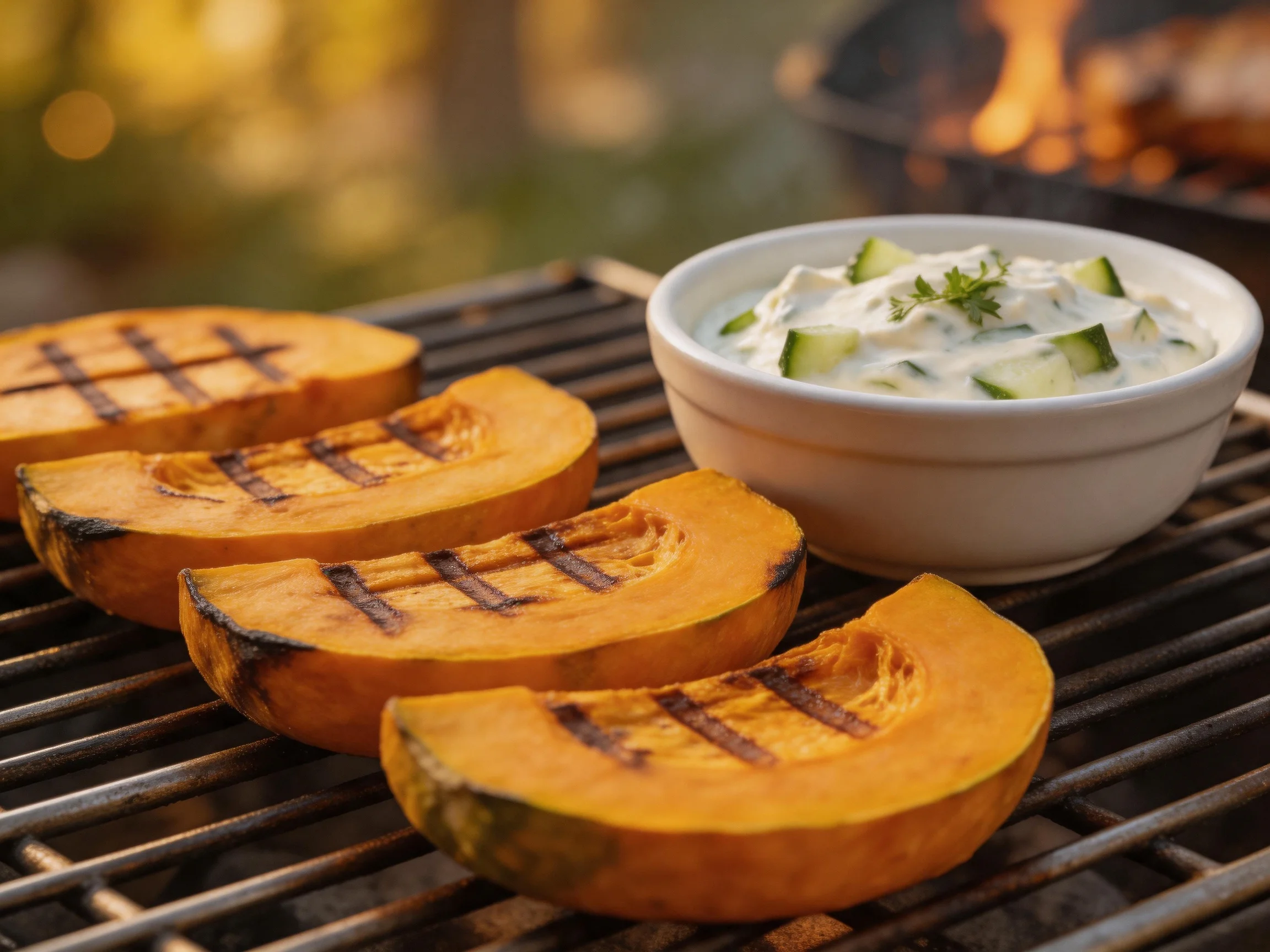 Four grilled squash wedges with creamy cucumber dip on outdoor grill