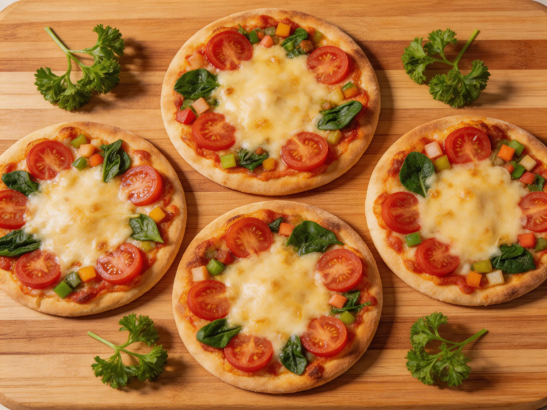 Four mini vegetable pizzas with tomatoes, cheese, and herbs on a wooden board
