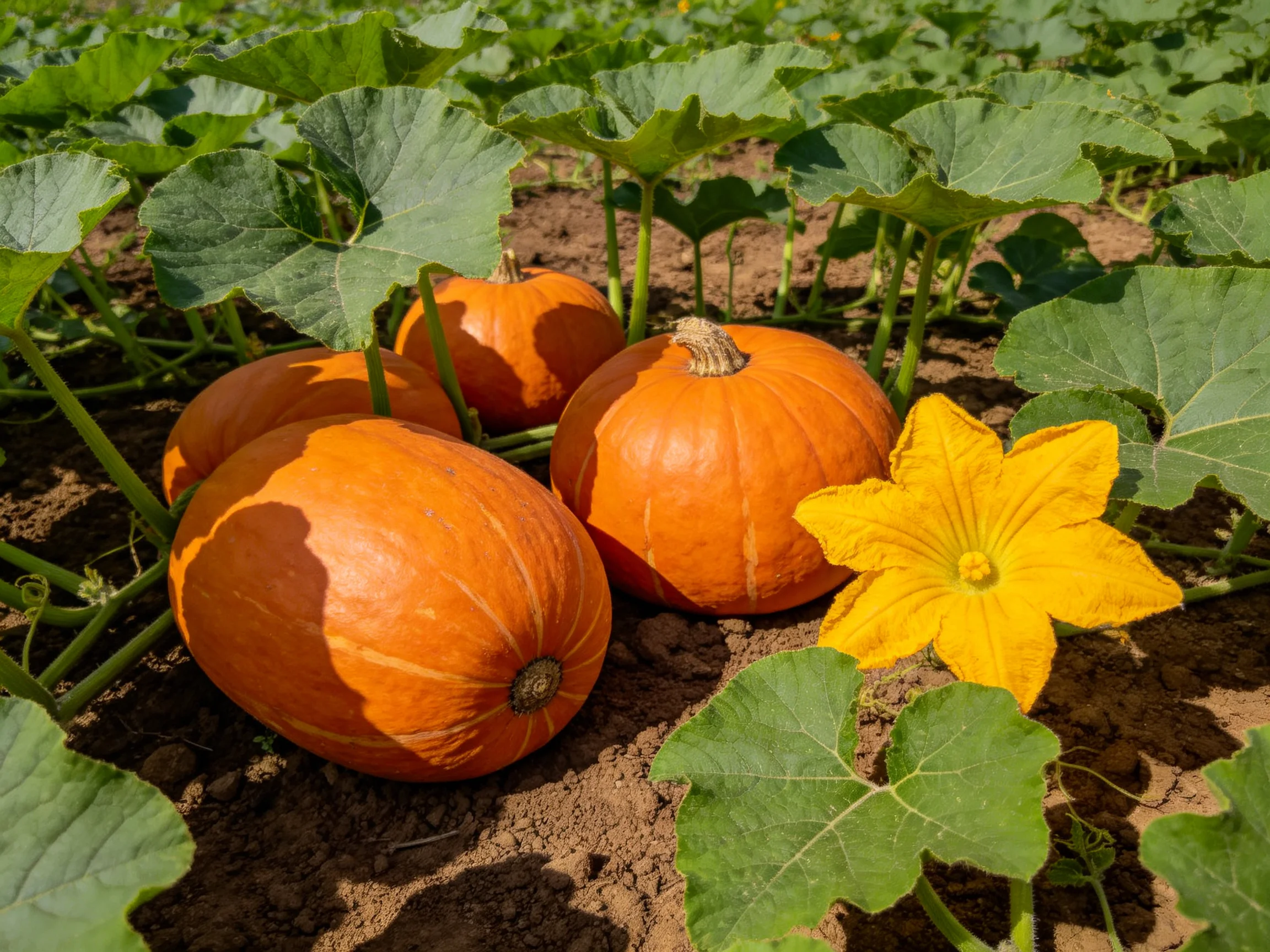 Four orange pumpkins near a bright yellow flower among green leaves