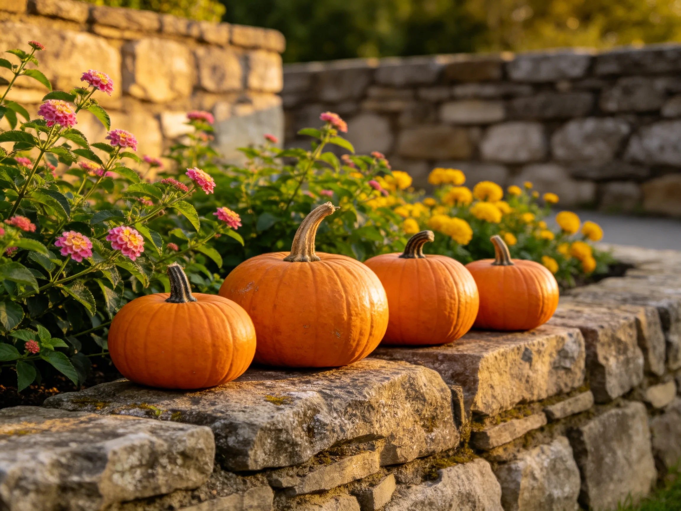 Four orange pumpkins on a stone wall with pink and yellow flowers