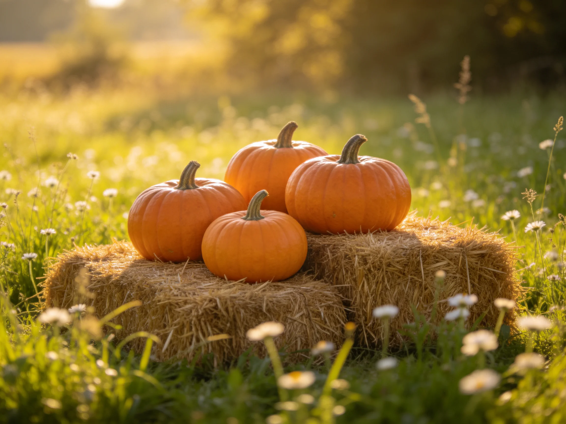 Four orange pumpkins rest atop golden hay bales in a sunlit meadow
