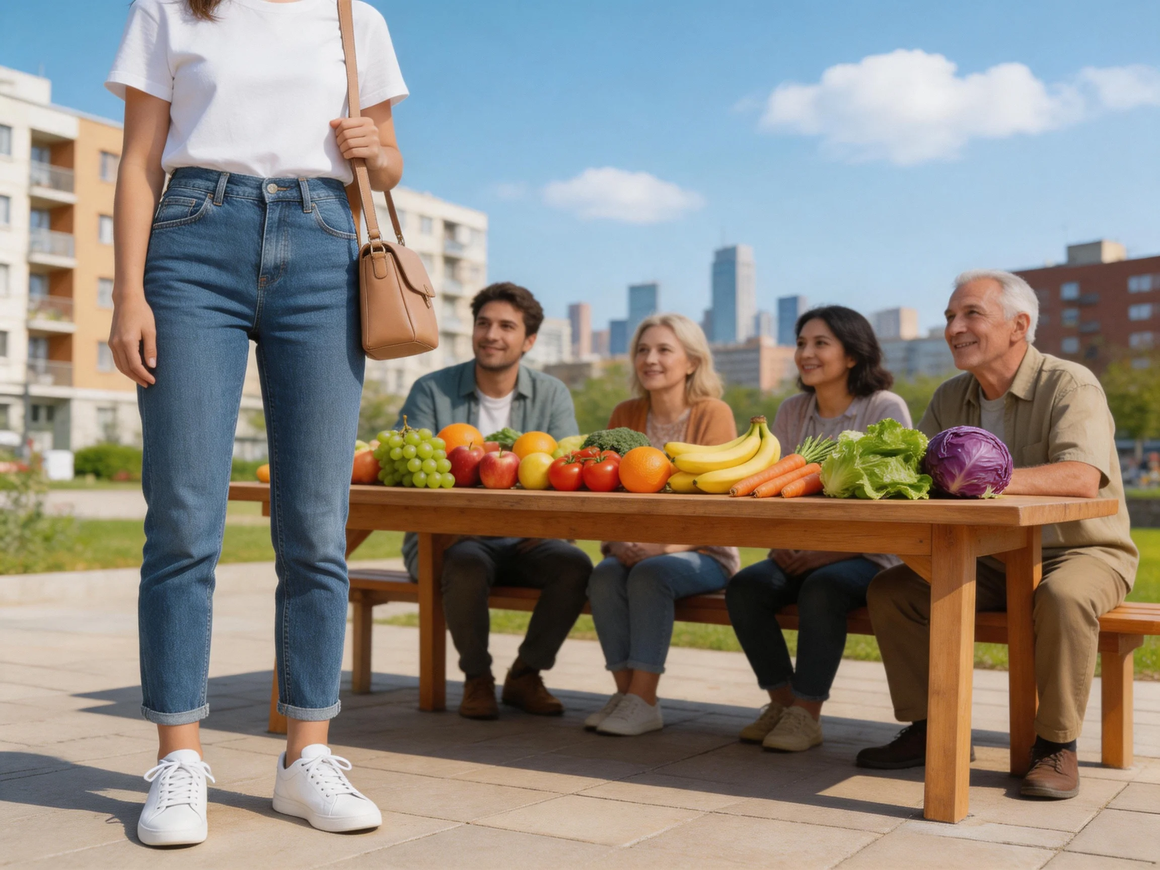 Four people gather around a table loaded with colorful produce outdoors
