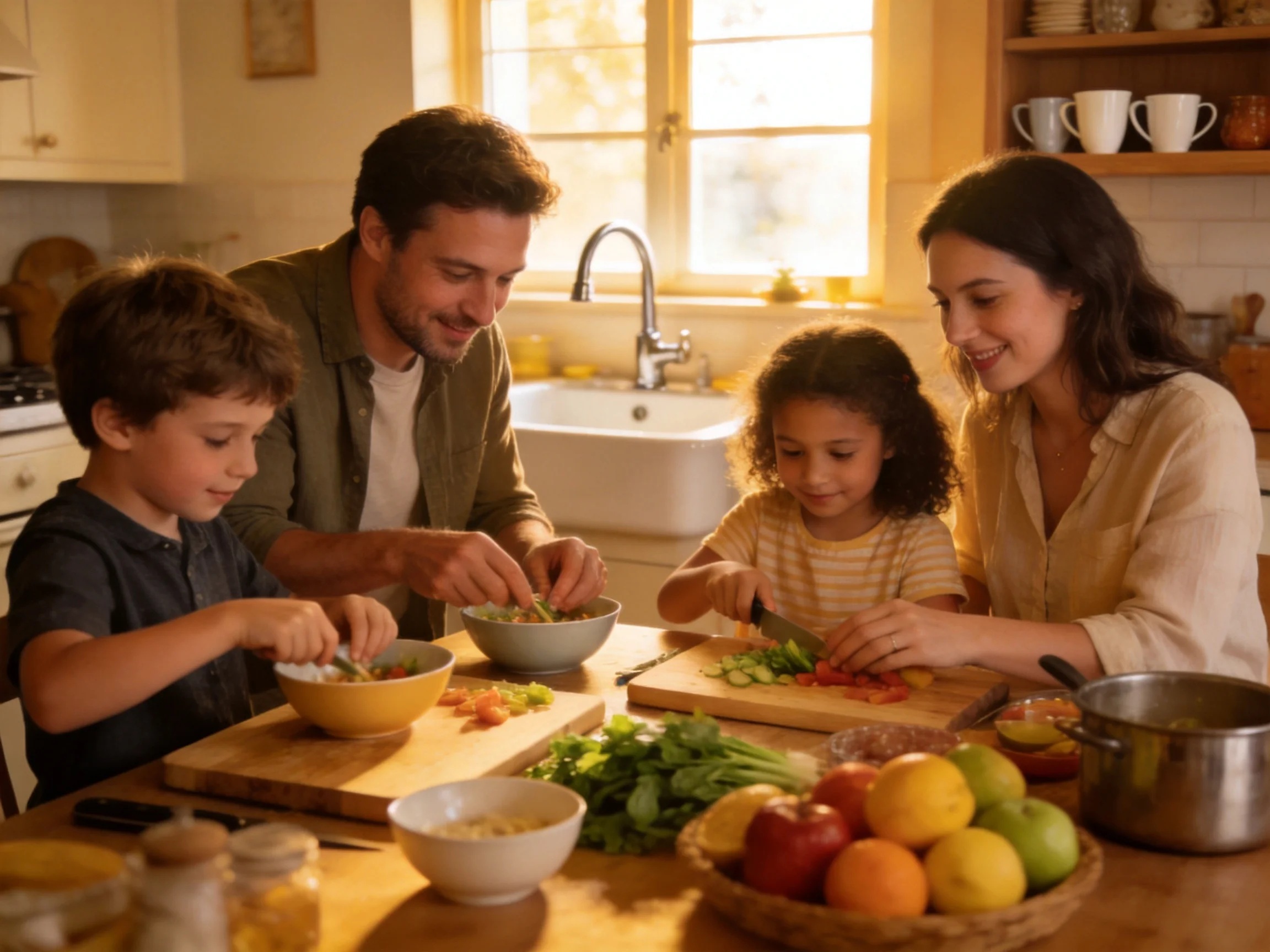 Four people preparing food together in a sunlit kitchen