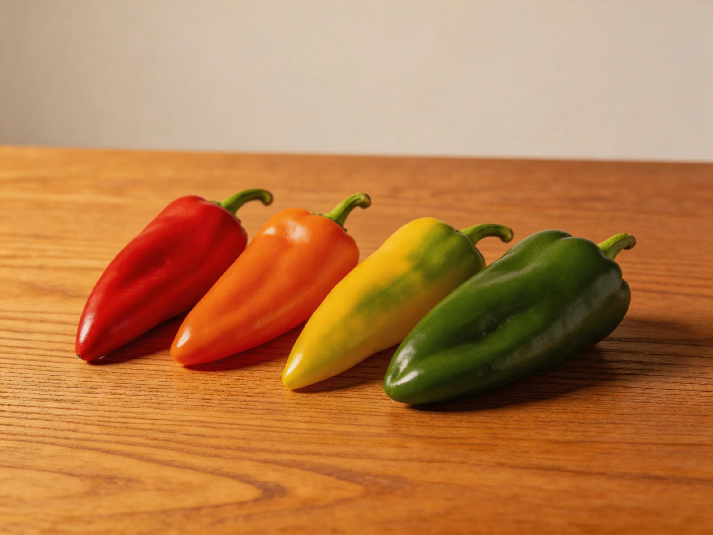 Four peppers in red, orange, yellow, green hues on a wooden table