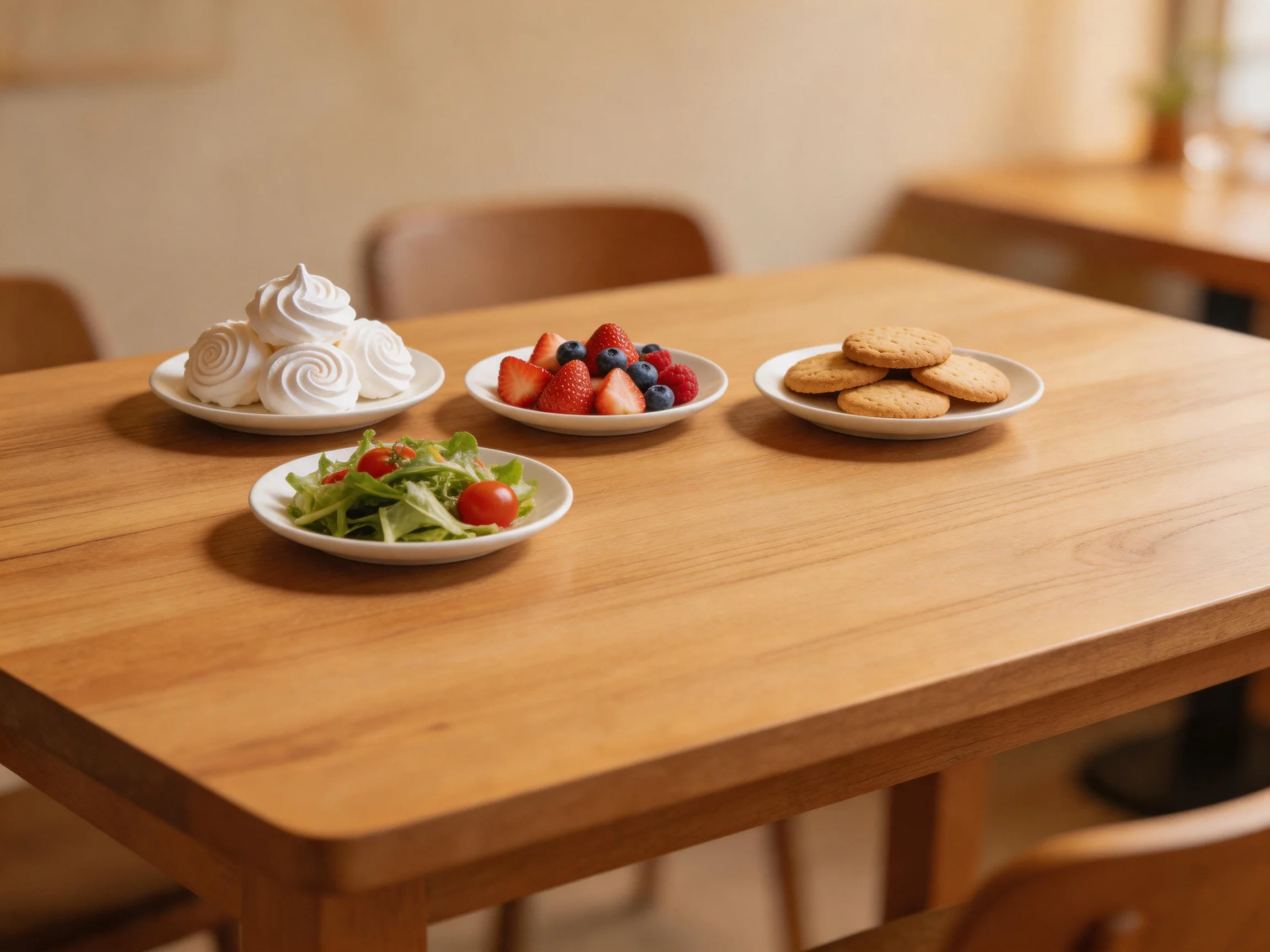 Four plates of assorted treats and salad on a polished wooden table